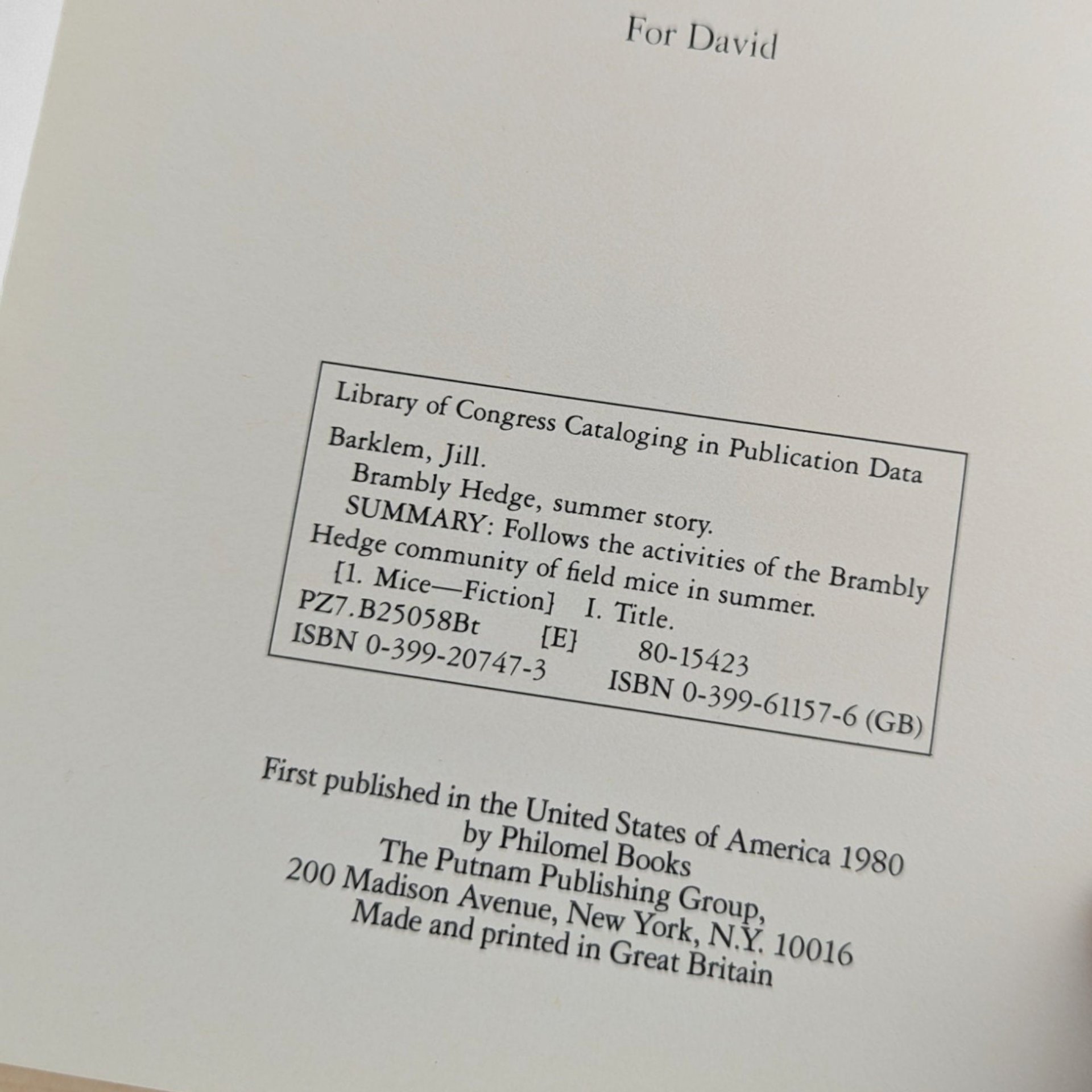 1980 Brambly Hedge Summer Story, Jill Barklem Hardcover Book