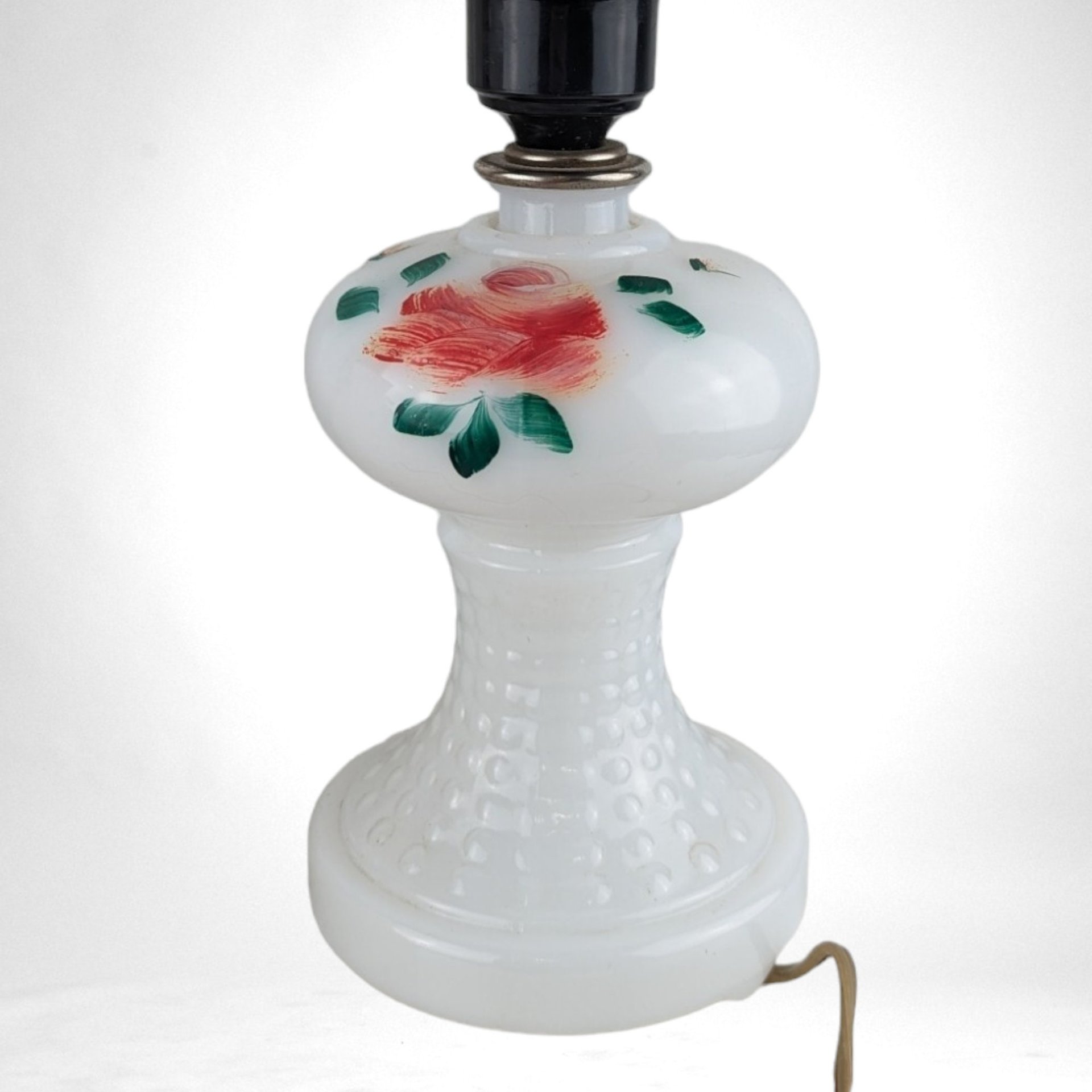 Vintage Painted Floral Milk Glass Lamp with Lace Shade | 9.5" Tall | Charming Bedroom or Living Room Accent | Unique Gift