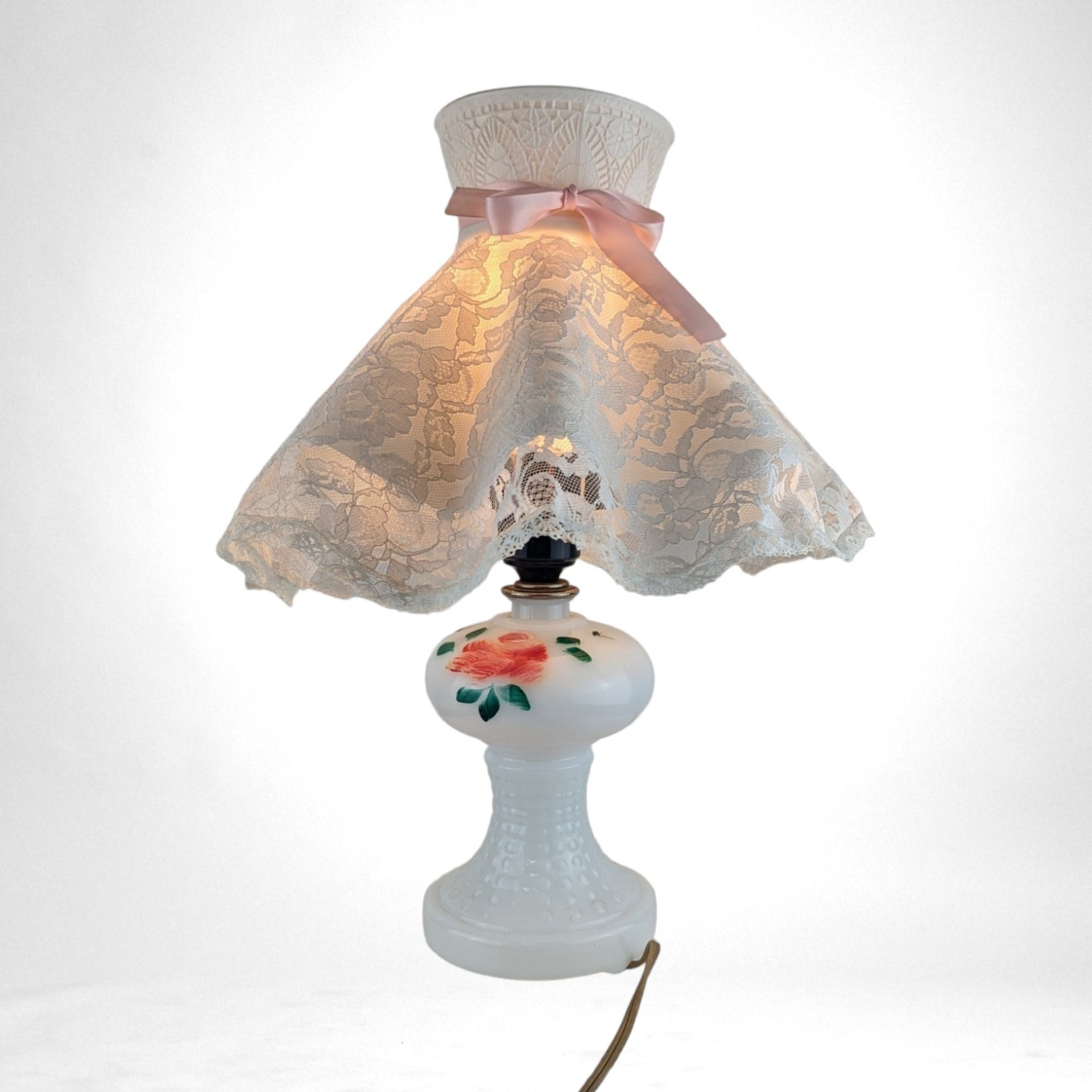 Vintage Painted Floral Milk Glass Lamp with Lace Shade | 9.5" Tall | Charming Bedroom or Living Room Accent | Unique Gift