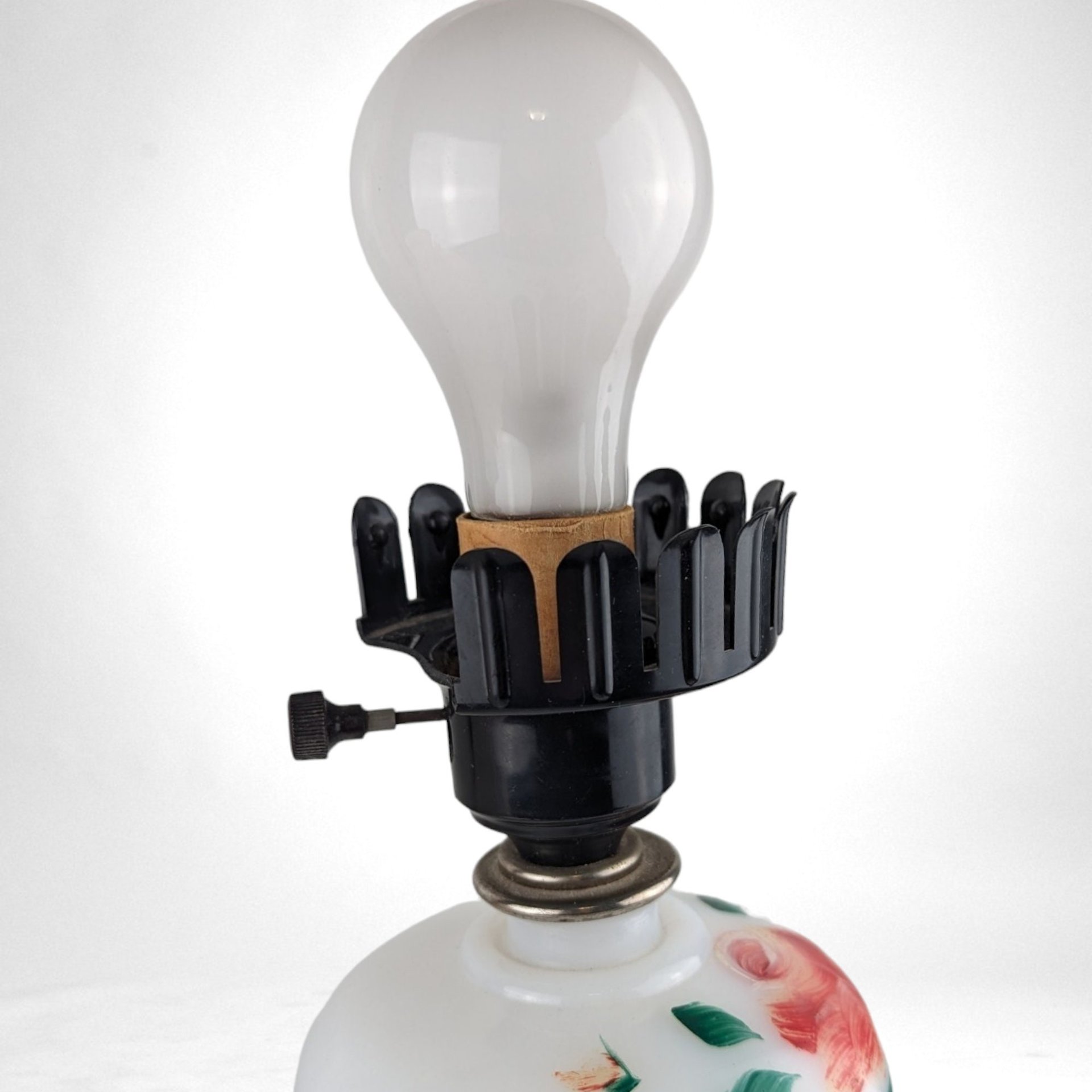 Vintage Painted Floral Milk Glass Lamp with Lace Shade | 9.5" Tall | Charming Bedroom or Living Room Accent | Unique Gift