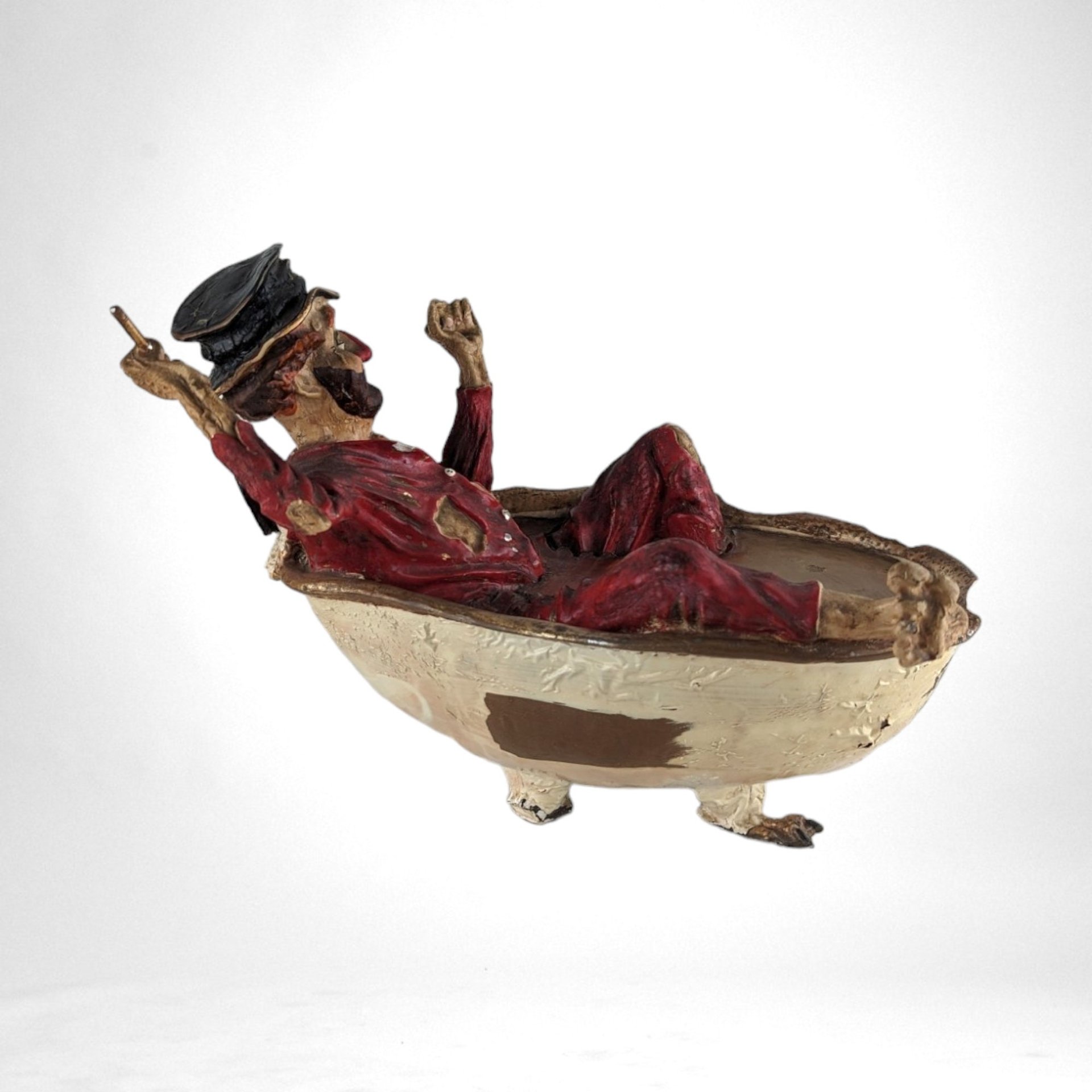 Vintage Ron Lee Hobo Clown in Bathtub Sculpture, Poor Condition