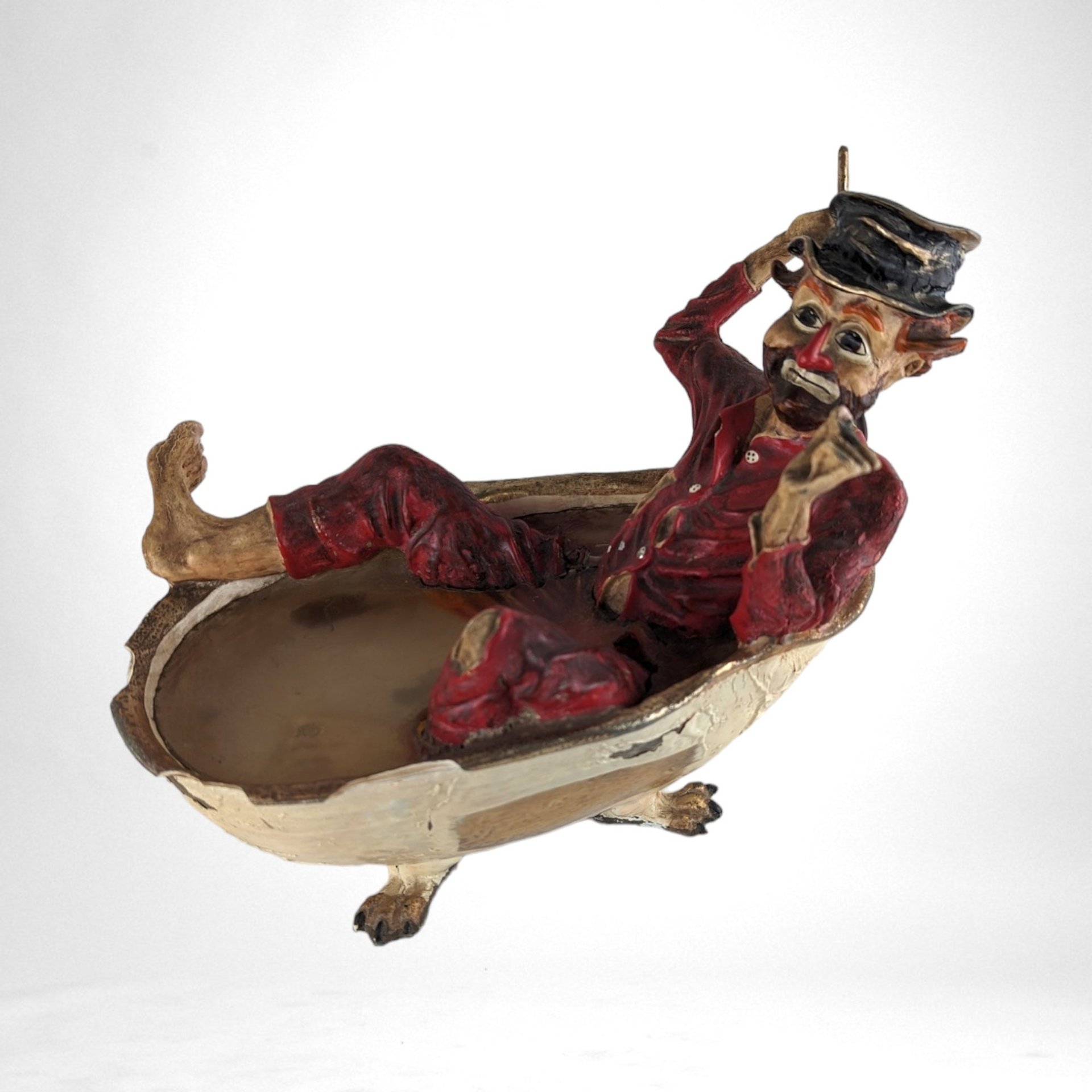 Vintage Ron Lee Hobo Clown in Bathtub Sculpture, Poor Condition