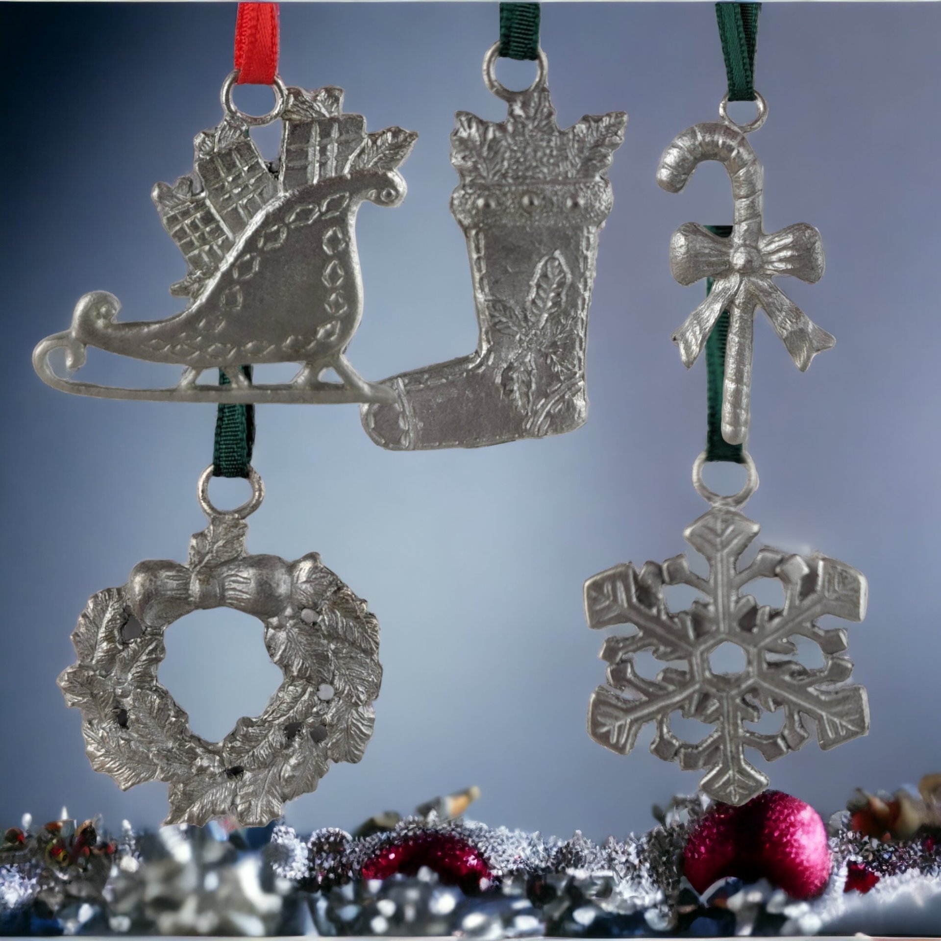Set of 19 Vintage Pewter Christmas Ornaments | Candy Cane, Wreath, and Stocking Designs | Classic Holiday Decor for Festive Celebrations