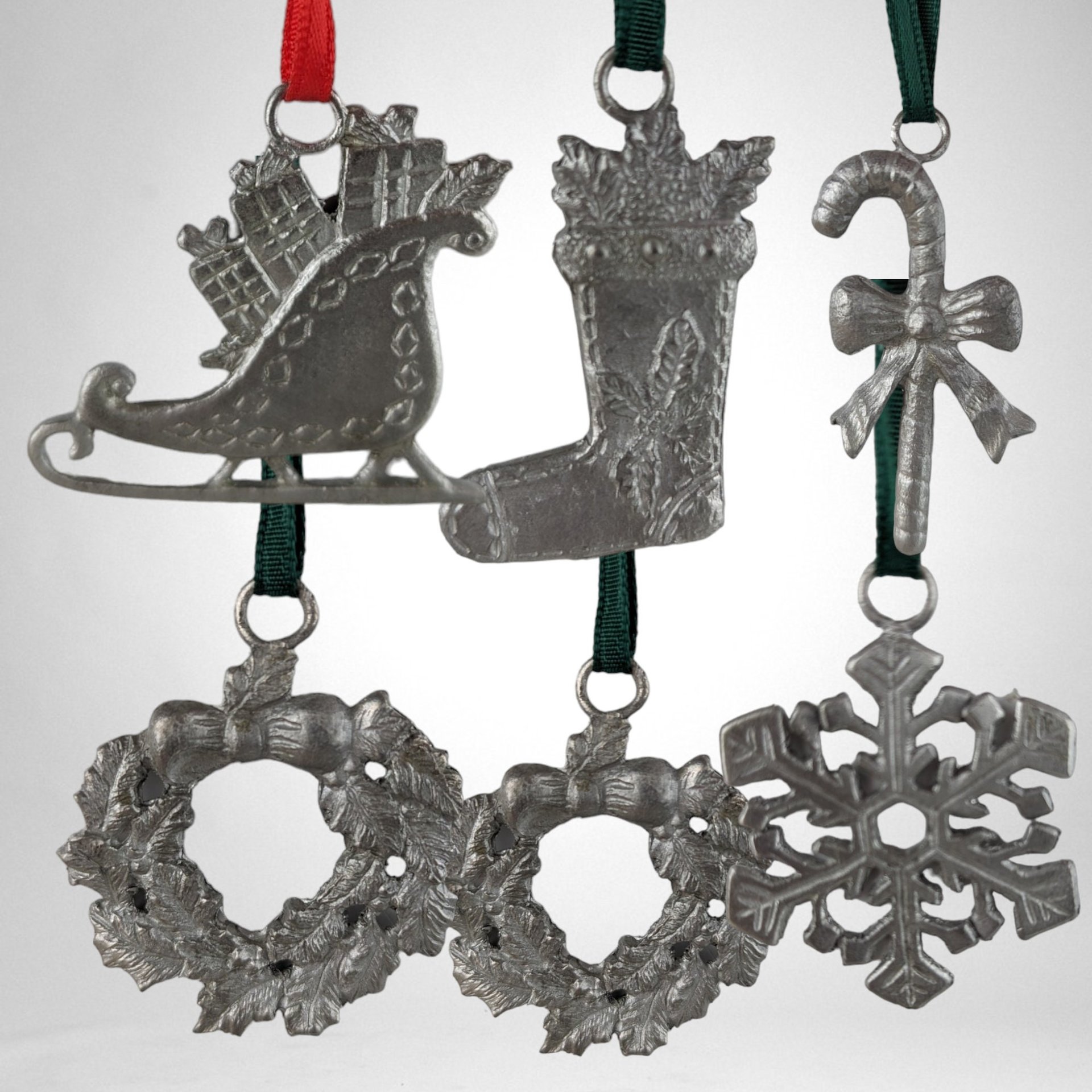 Set of 19 Vintage Pewter Christmas Ornaments | Candy Cane, Wreath, and Stocking Designs | Classic Holiday Decor for Festive Celebrations