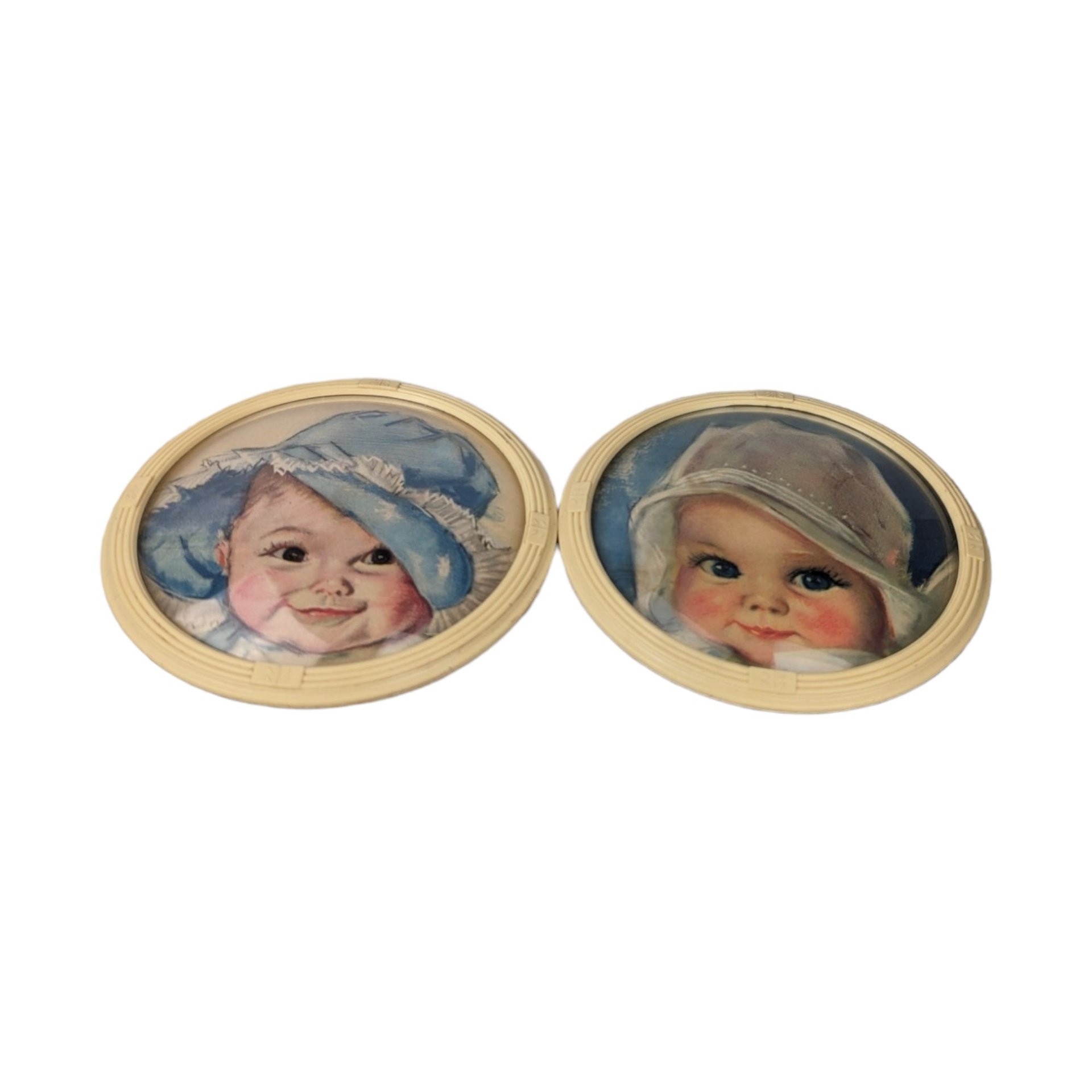 Pair of Vintage Maud Tousley Round Baby Print Wall Hangings (5")