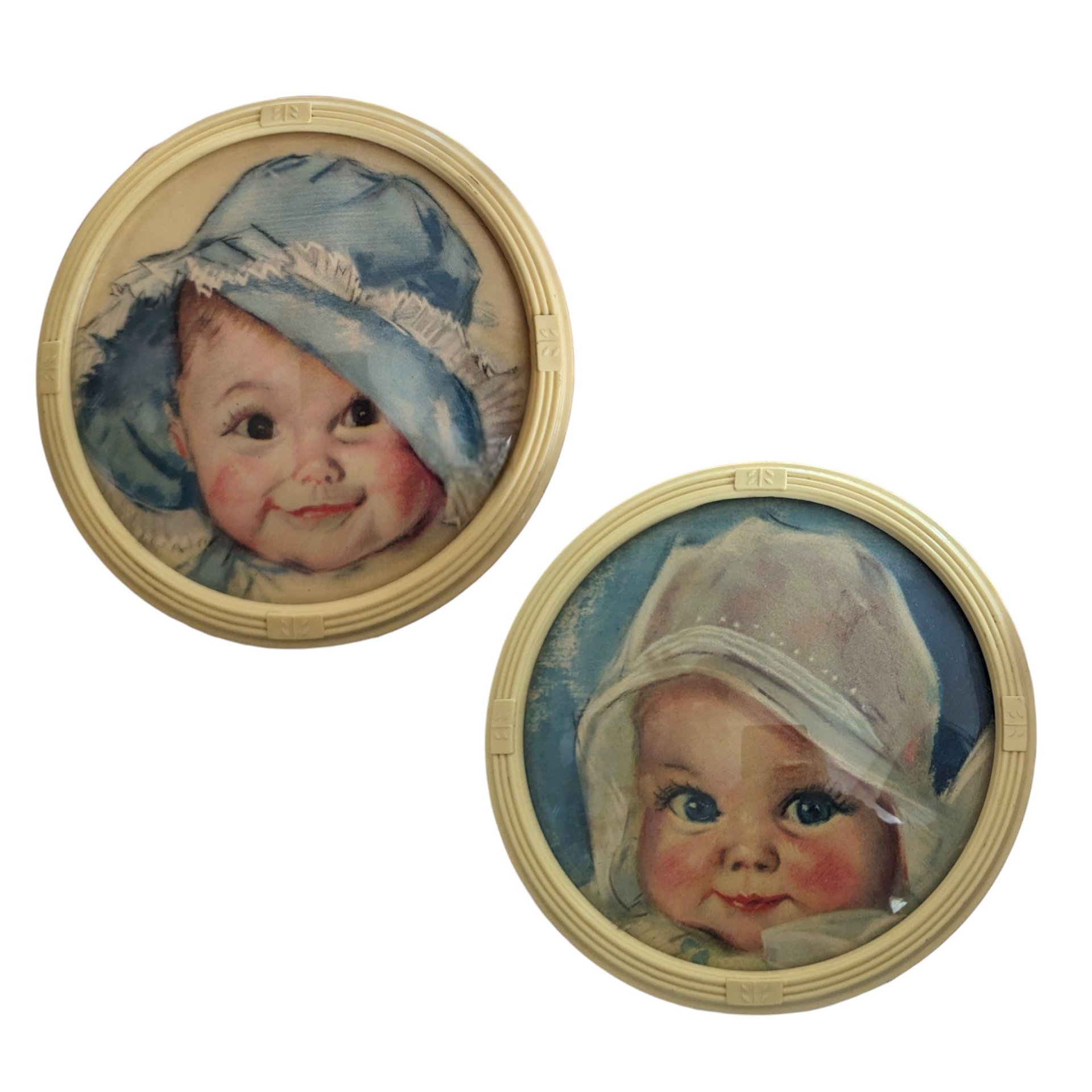 Pair of Vintage Maud Tousley Round Baby Print Wall Hangings (5")