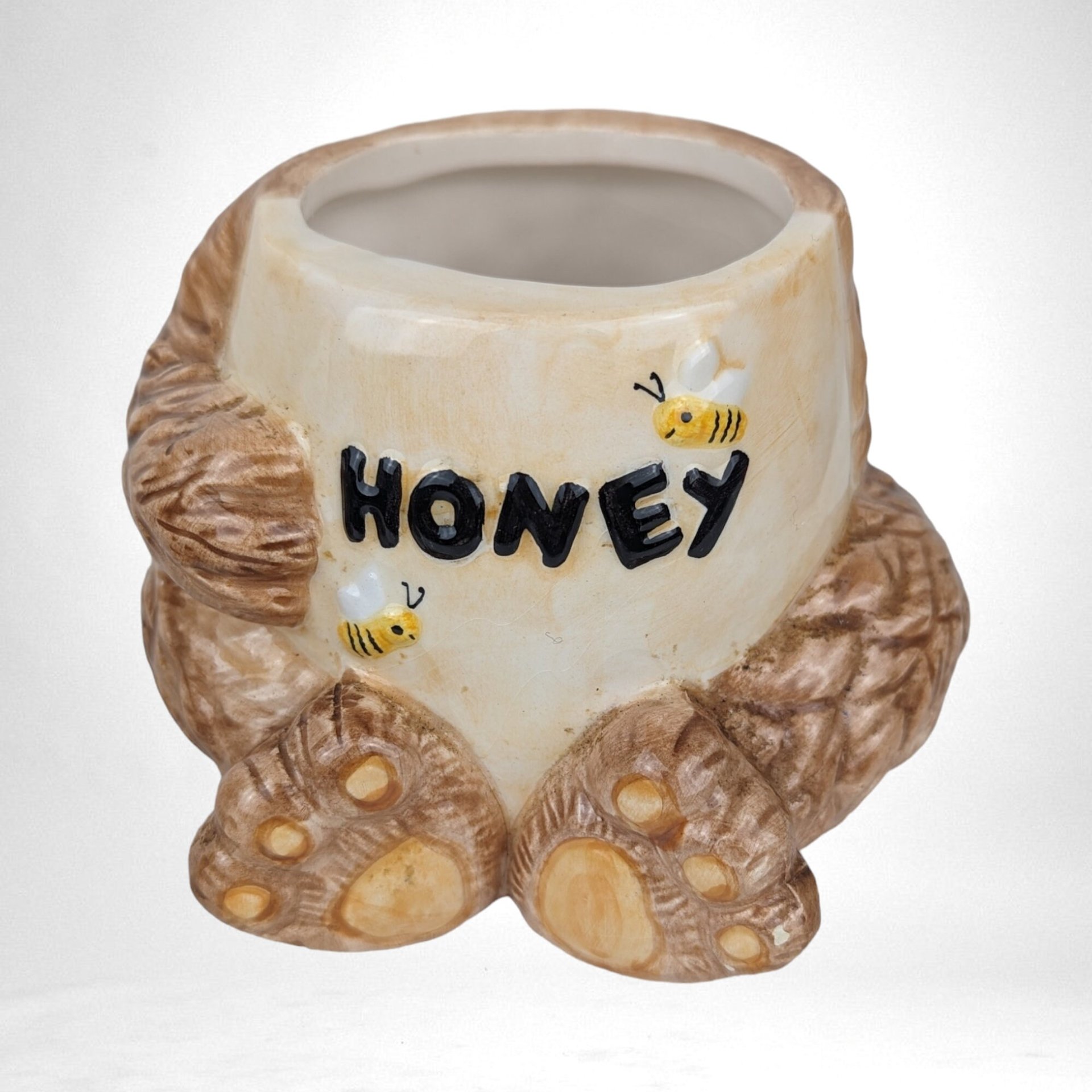 Vintage 1996 MSR  Ceramic Bear with Hand in Honey Pot with Wooden Stick