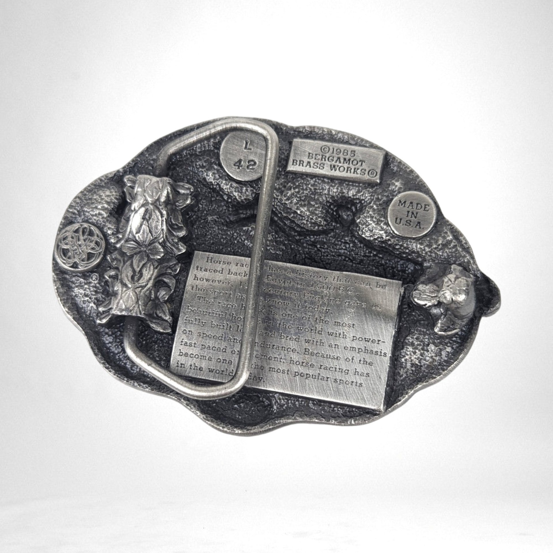 1985 Bergemot Brass Works Racing Horses Belt Buckle