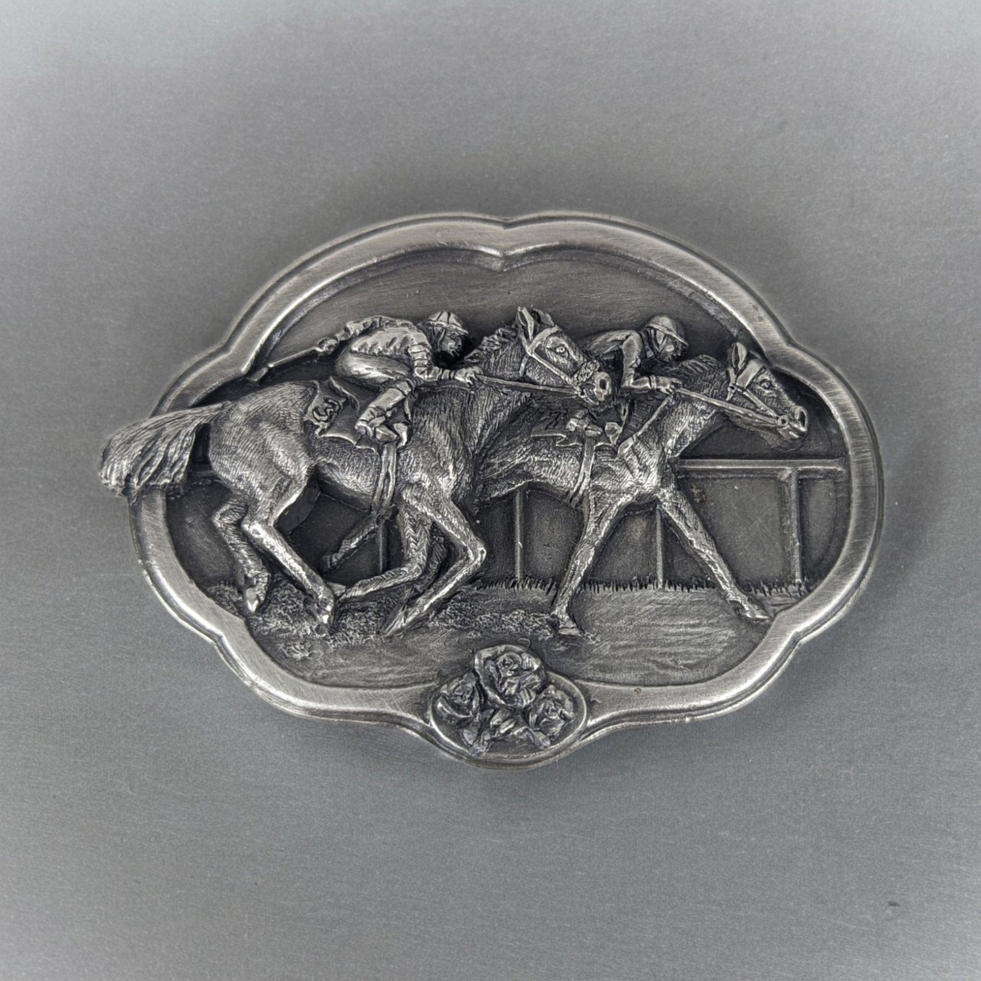 1985 Bergemot Brass Works Racing Horses Belt Buckle