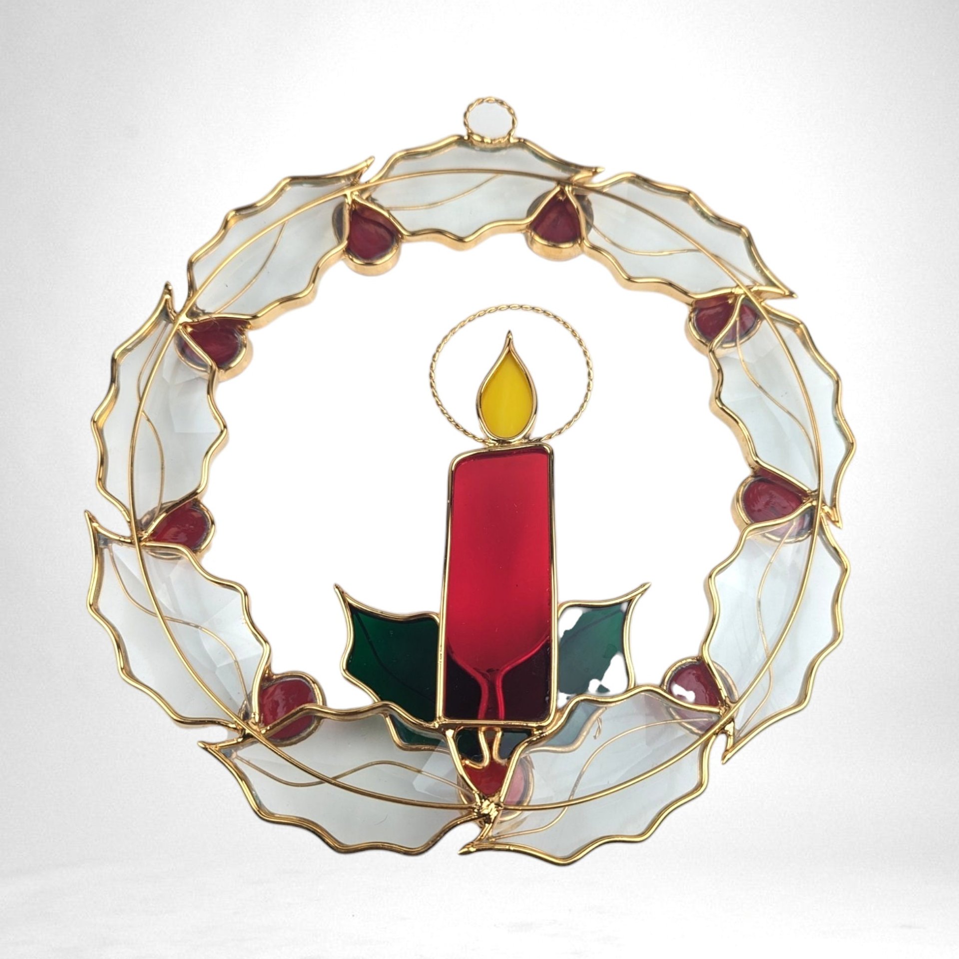 Vintage Stained Glass Christmas Wreath with Candle Suncatcher | 8" Diameter