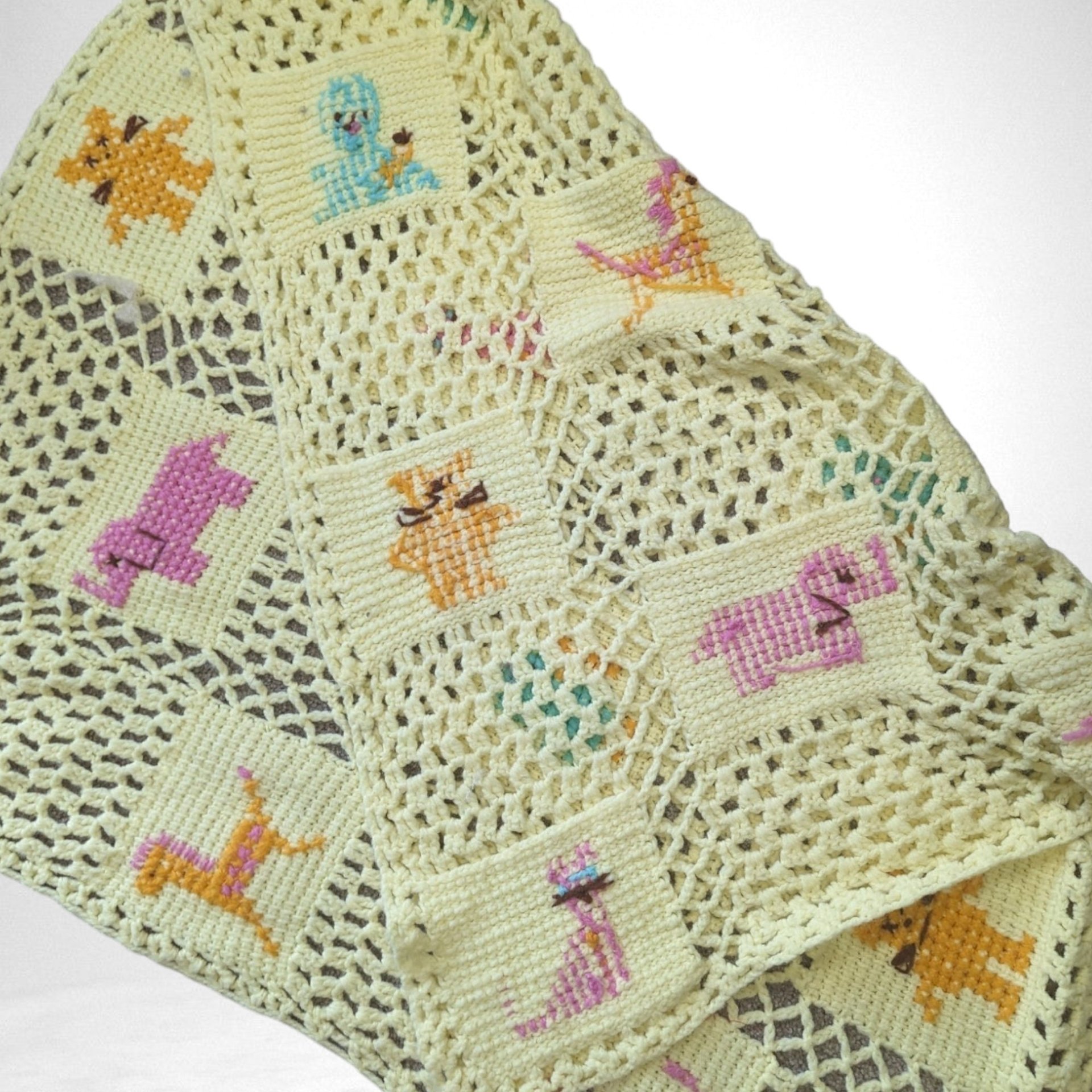 Vintage Handmade Granny Square Yellow Baby Blacket with Animals