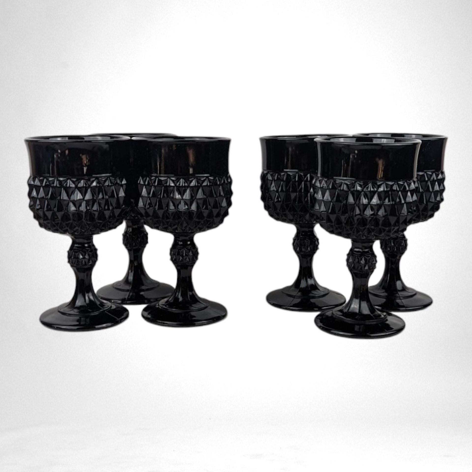 Set of 5 Vintage Indiana Glass Tiara Black Diamond Point Goblets