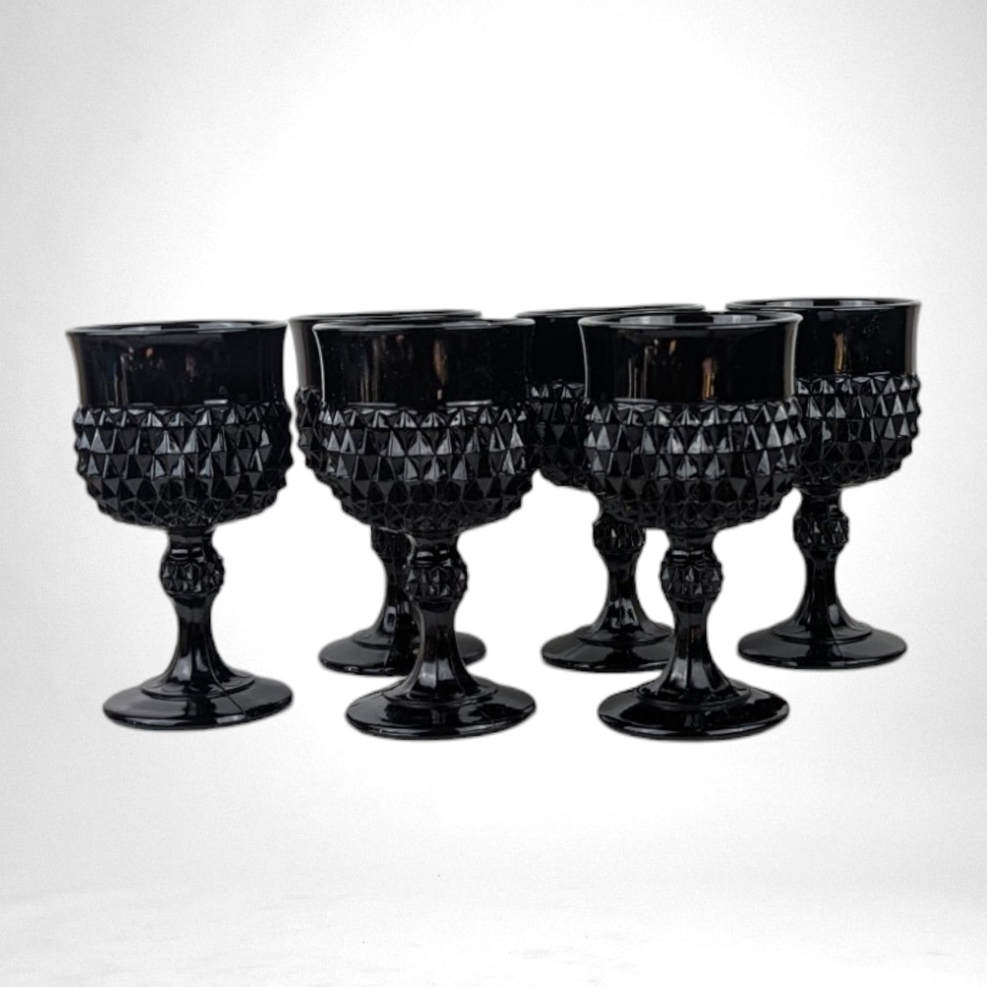 Set of 5 Vintage Indiana Glass Tiara Black Diamond Point Goblets