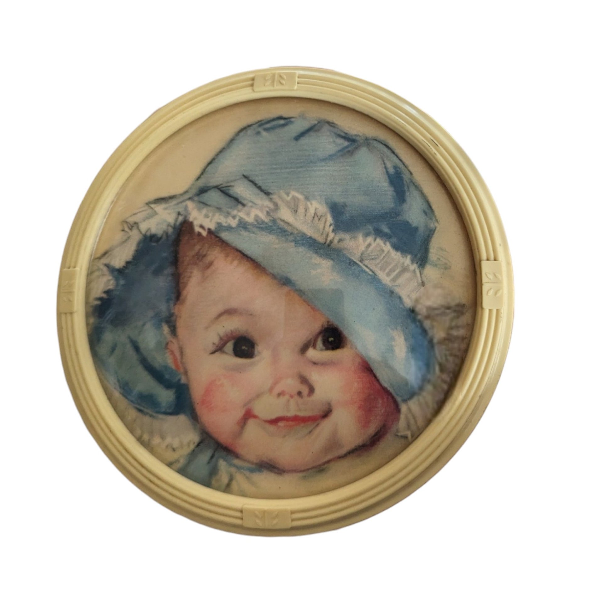 Pair of Vintage Maud Tousley Round Baby Print Wall Hangings (5")