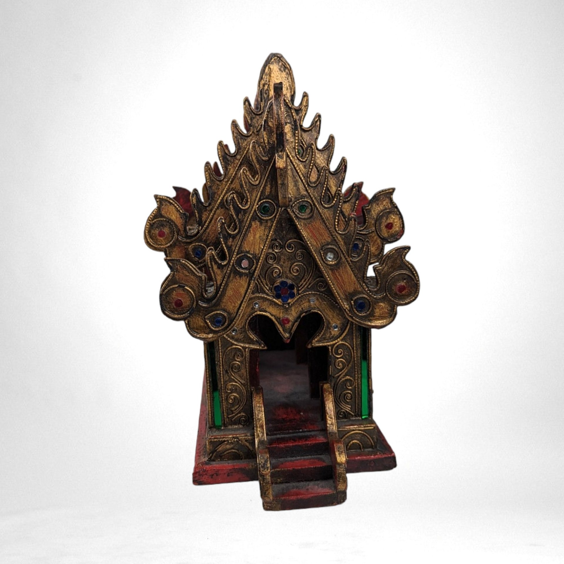 Vintage Handcrafted Wood and Glass Thai Spirit House