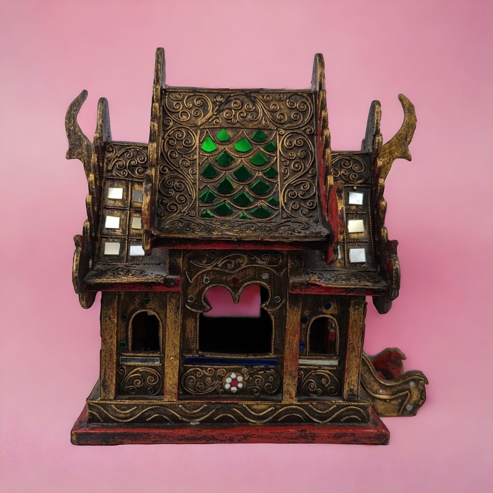 Vintage Handcrafted Wood and Glass Thai Spirit House
