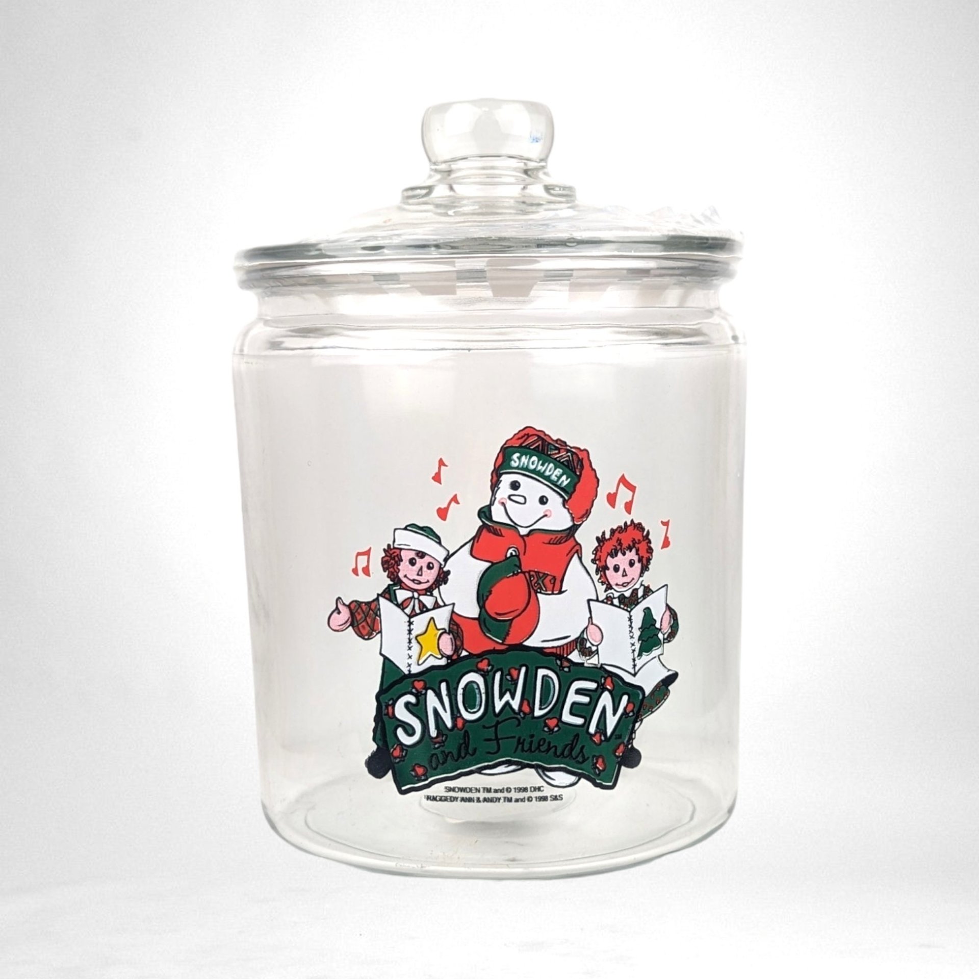 Vintage Anchor Hocking Snowden and Friends Raggedy Ann and Andy Clear Glass Cookie Jar