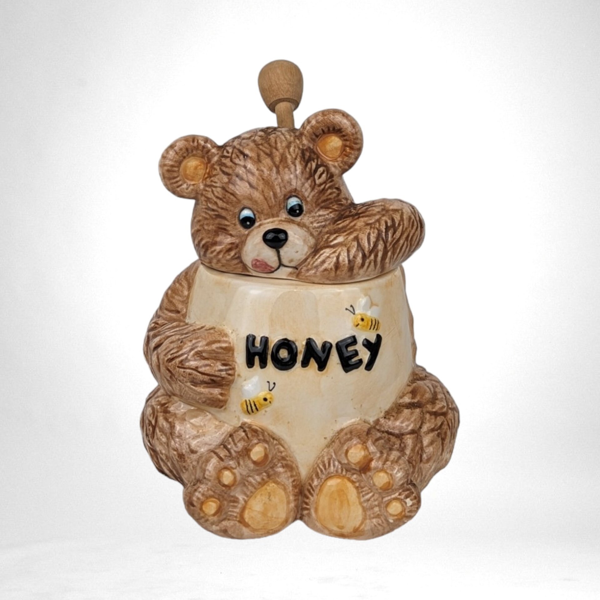 Vintage 1996 MSR  Ceramic Bear with Hand in Honey Pot with Wooden Stick
