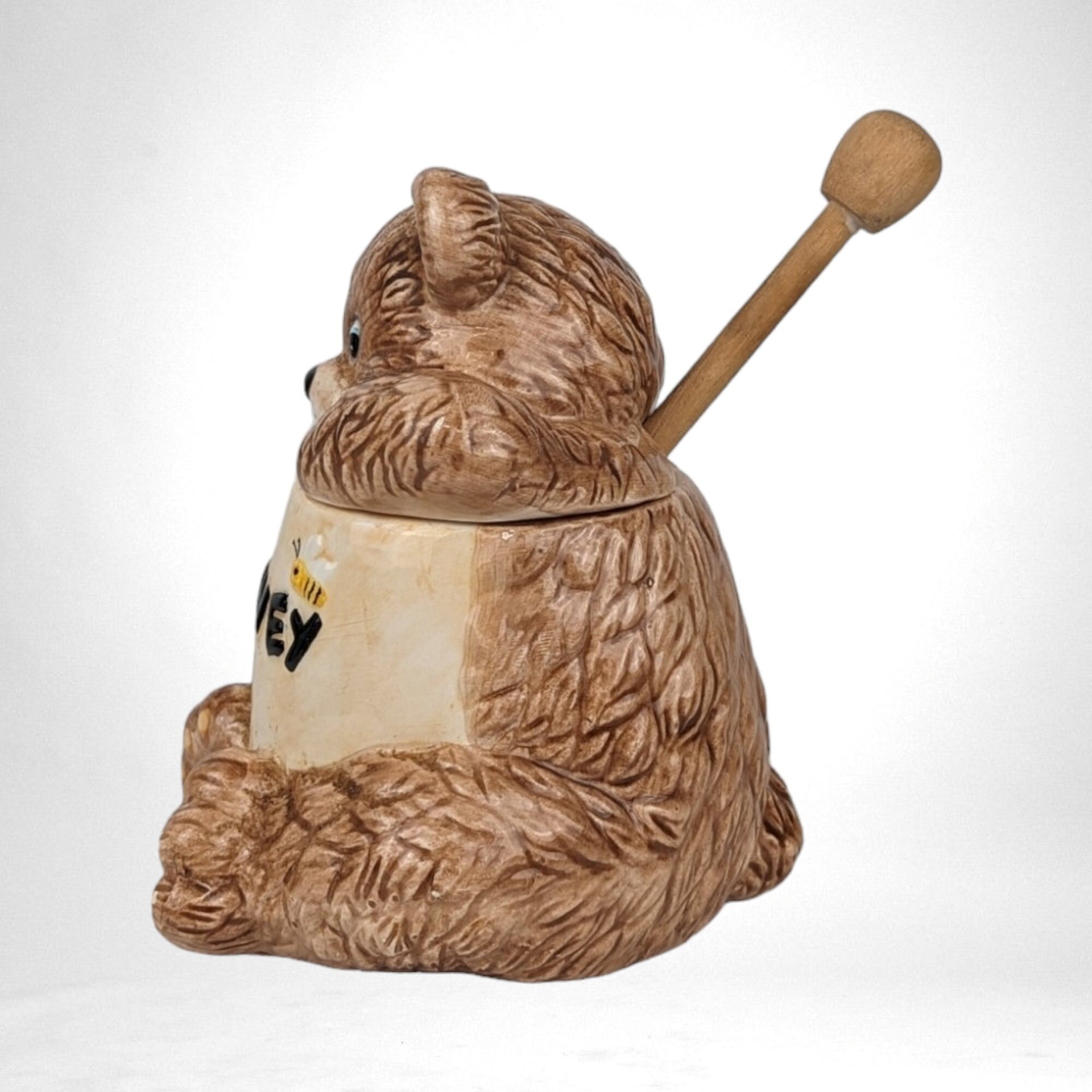 Vintage 1996 MSR  Ceramic Bear with Hand in Honey Pot with Wooden Stick