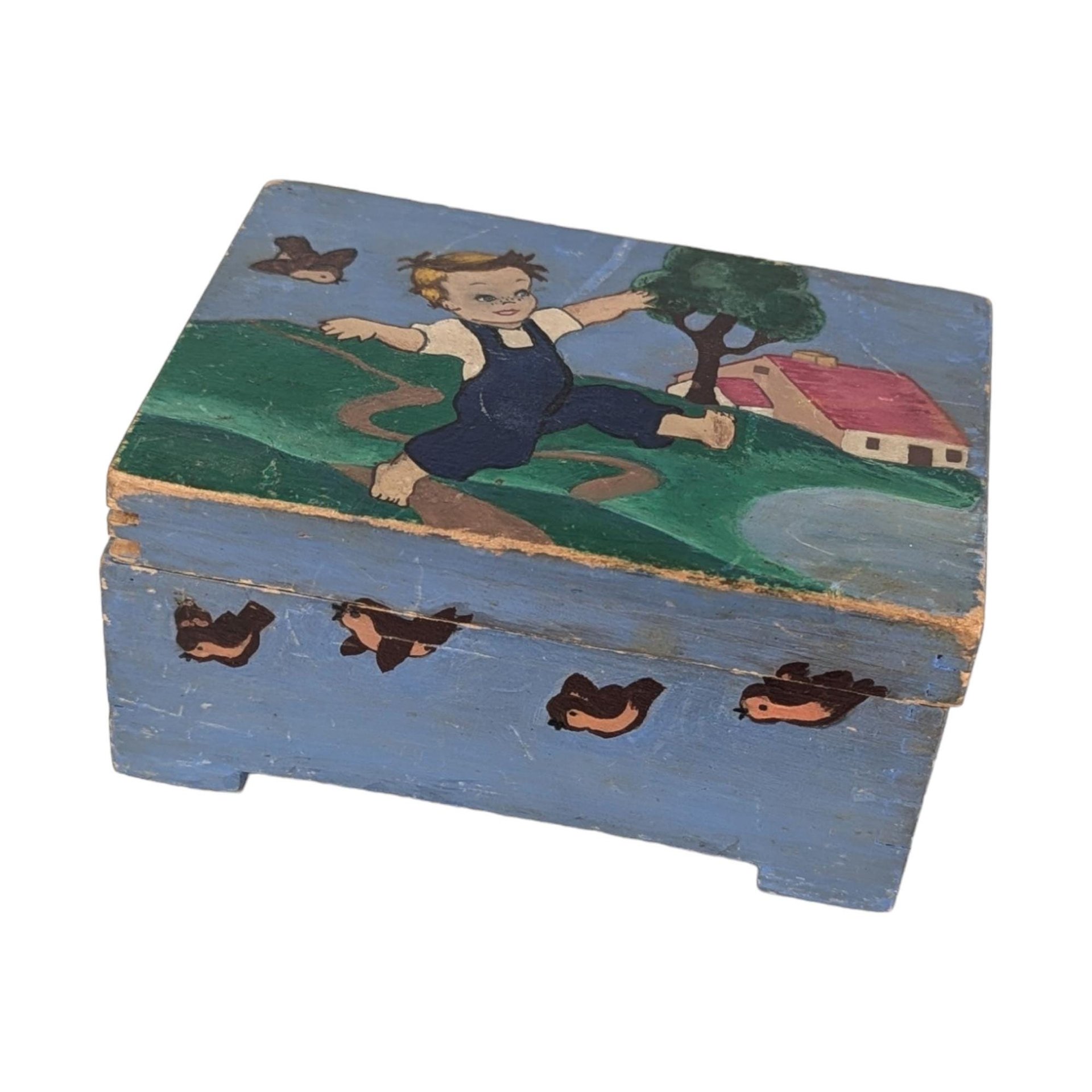 Vintage Handpainted Wooden Box with Playful Boy