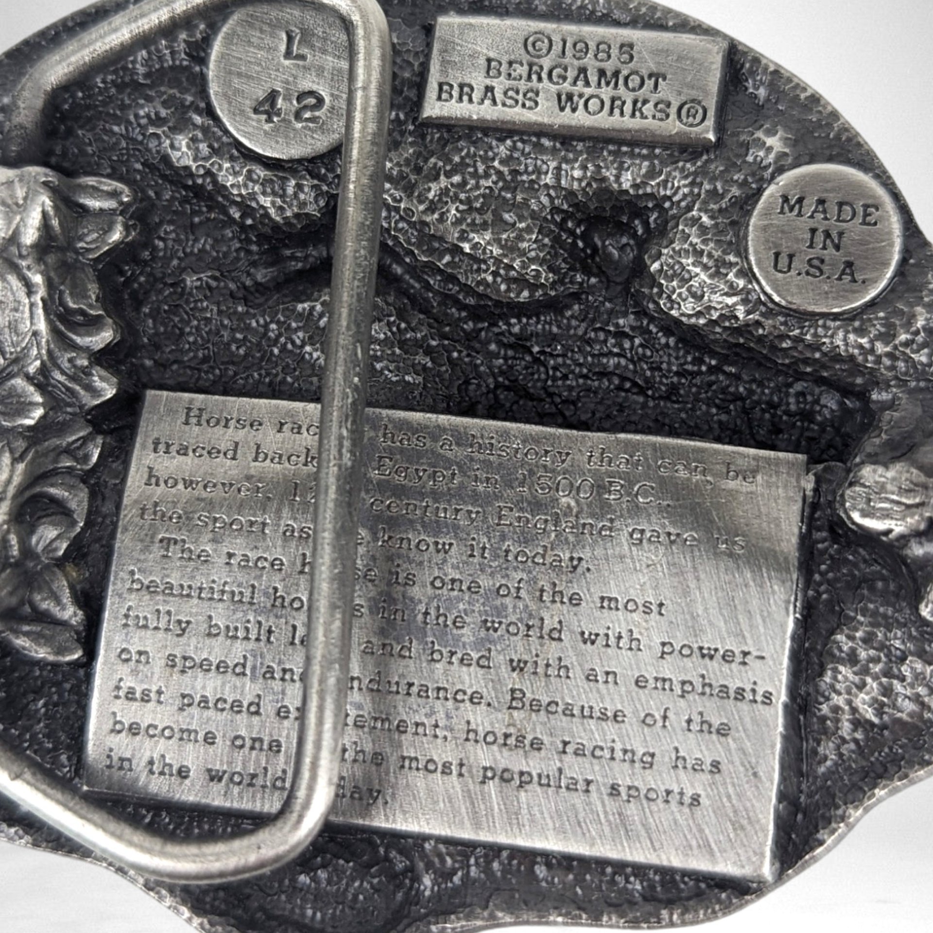 1985 Bergemot Brass Works Racing Horses Belt Buckle