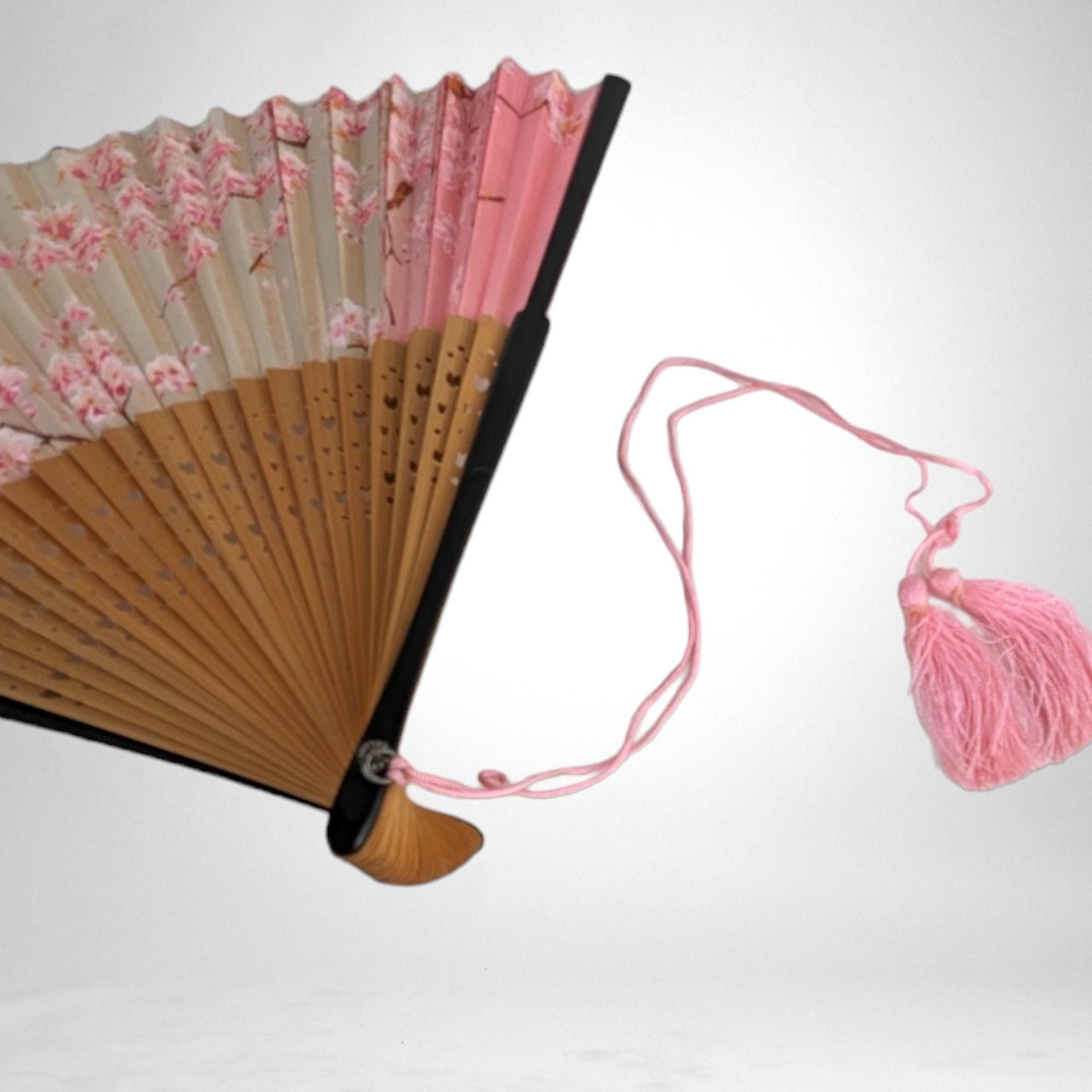 Vintage Wood and Paper Fan with Cherry Blossom Image