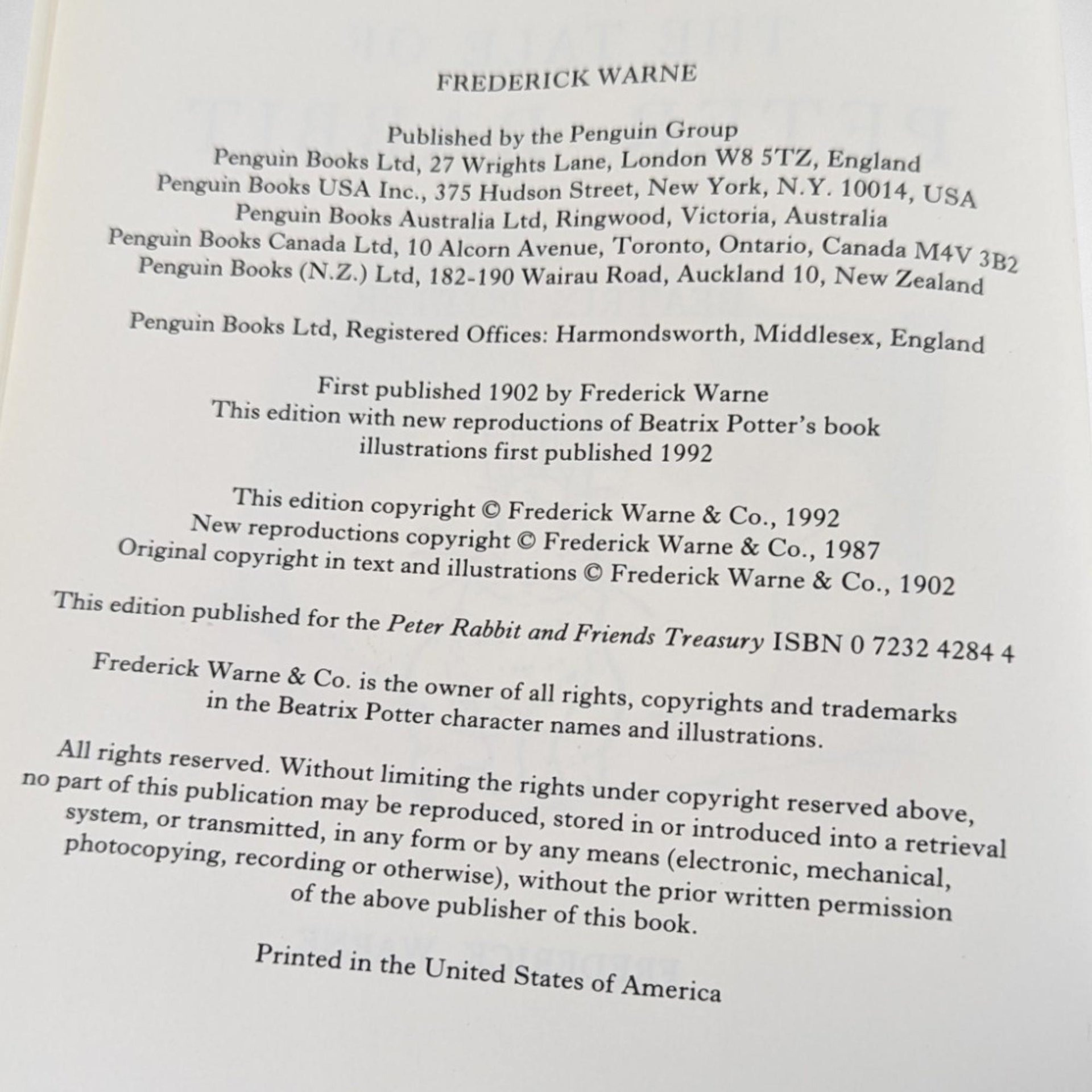 Federick Warne & Co 1992 The Tale of Peter Rabbit, Hardcover Book