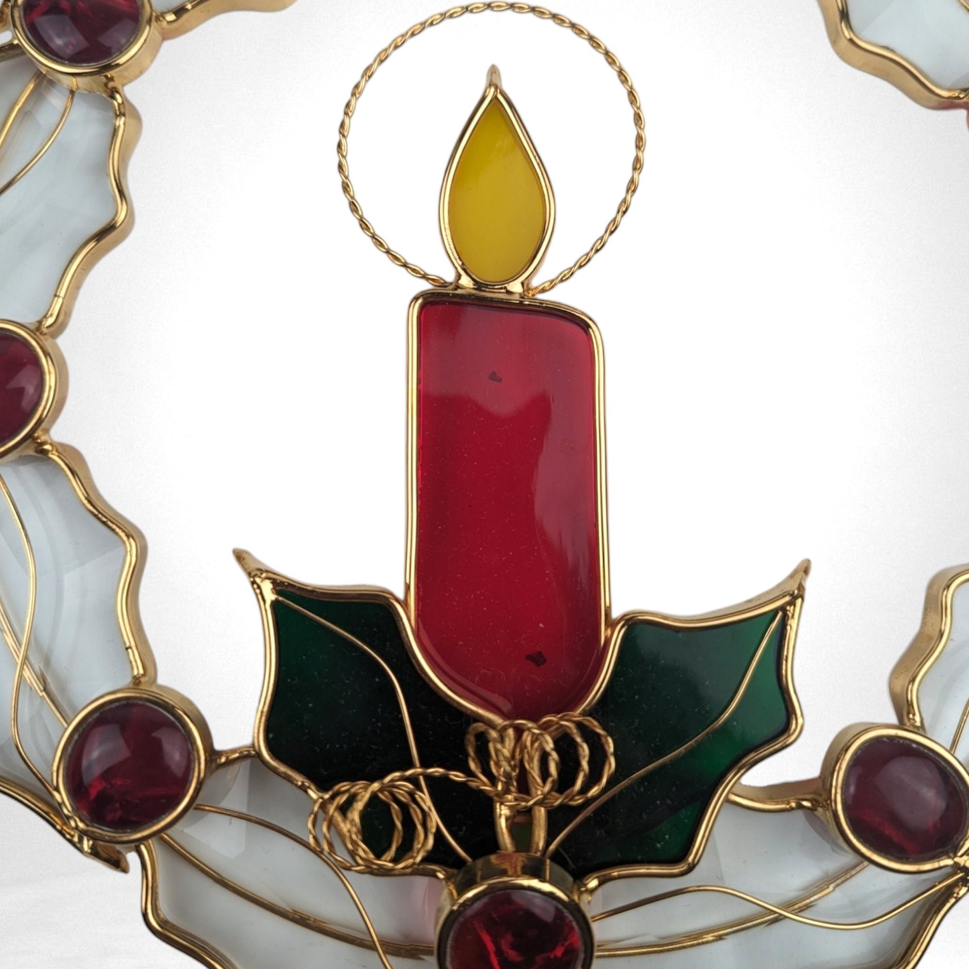 Vintage Stained Glass Christmas Wreath with Candle Suncatcher | 8" Diameter