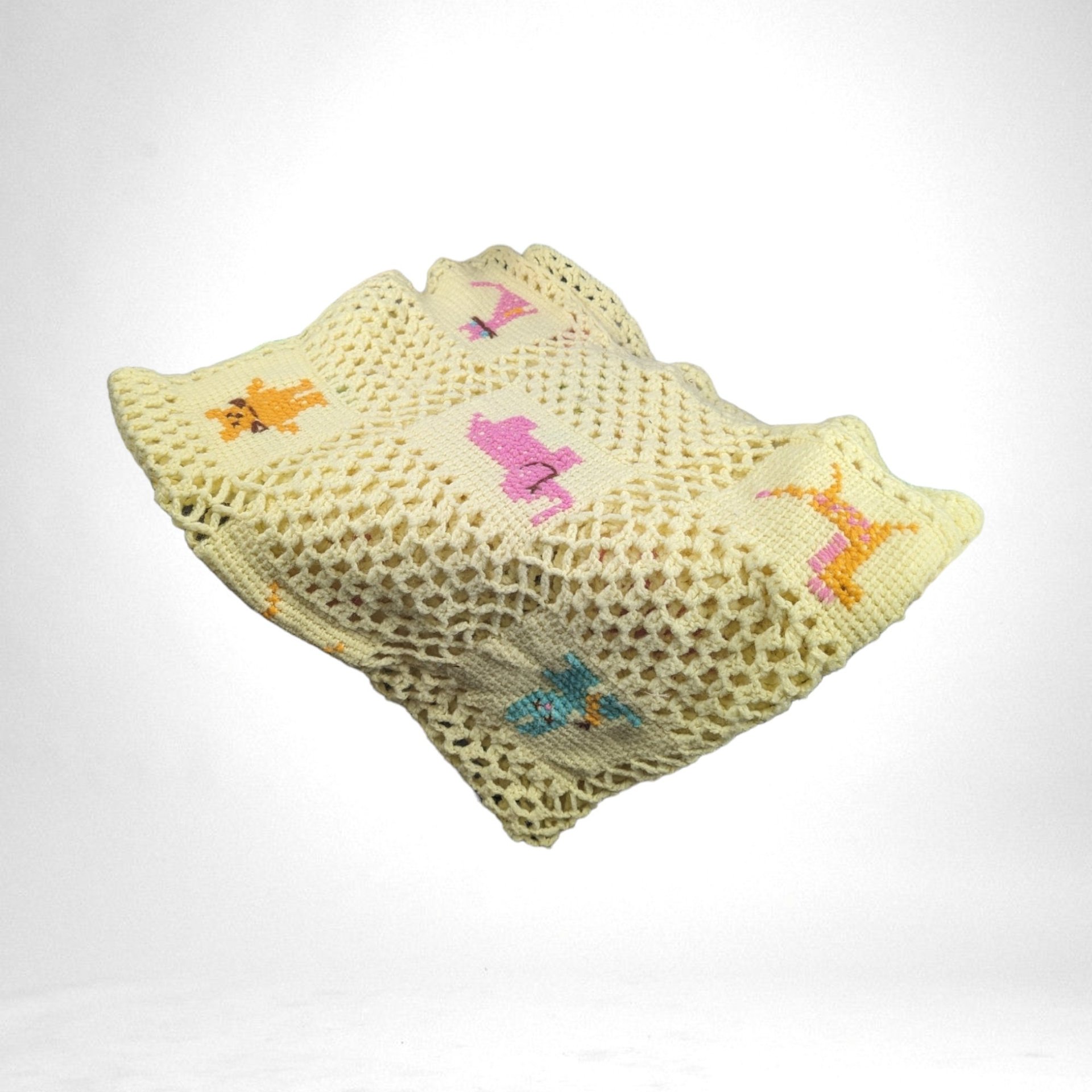 Vintage Handmade Granny Square Yellow Baby Blacket with Animals