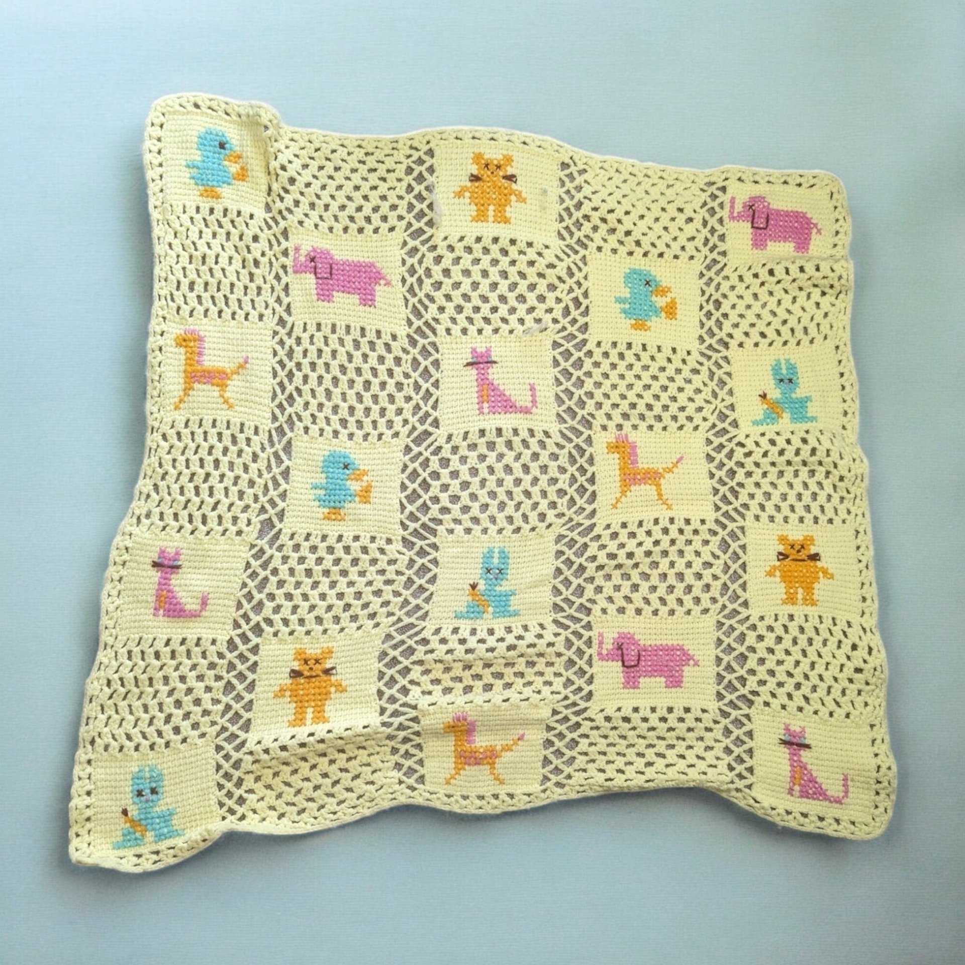 Vintage Handmade Granny Square Yellow Baby Blacket with Animals