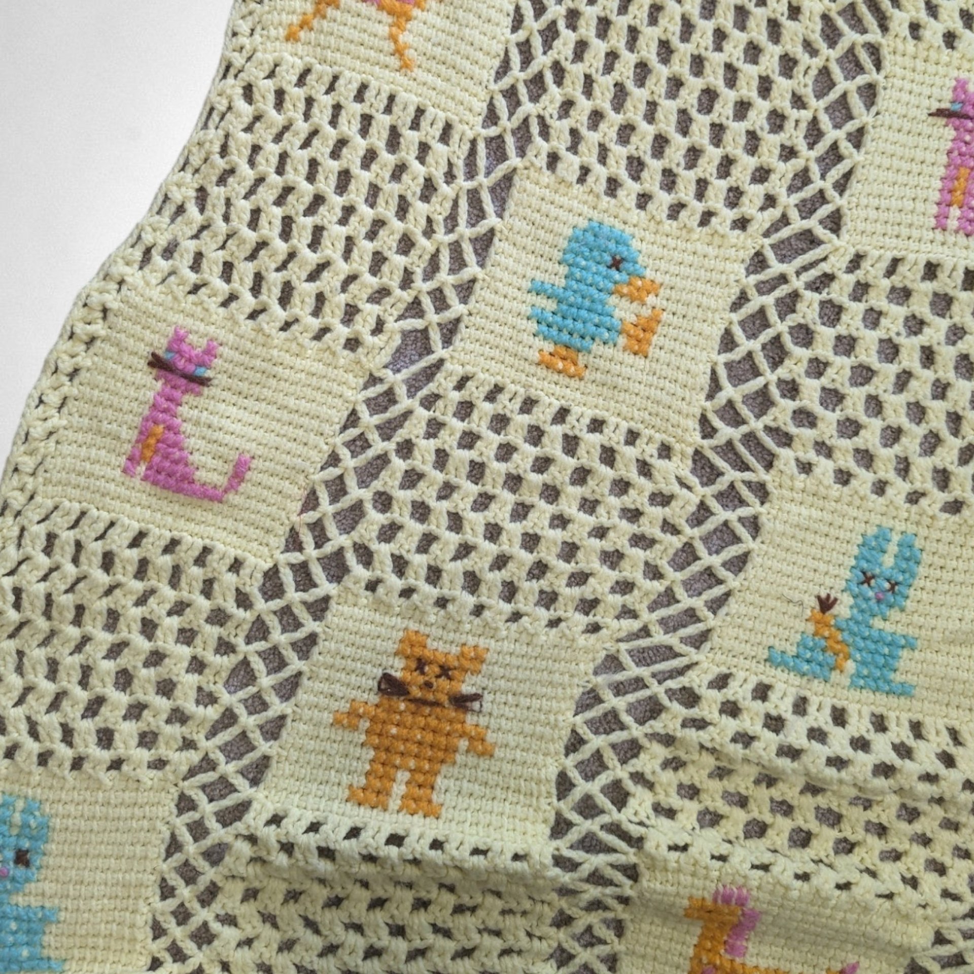 Vintage Handmade Granny Square Yellow Baby Blacket with Animals