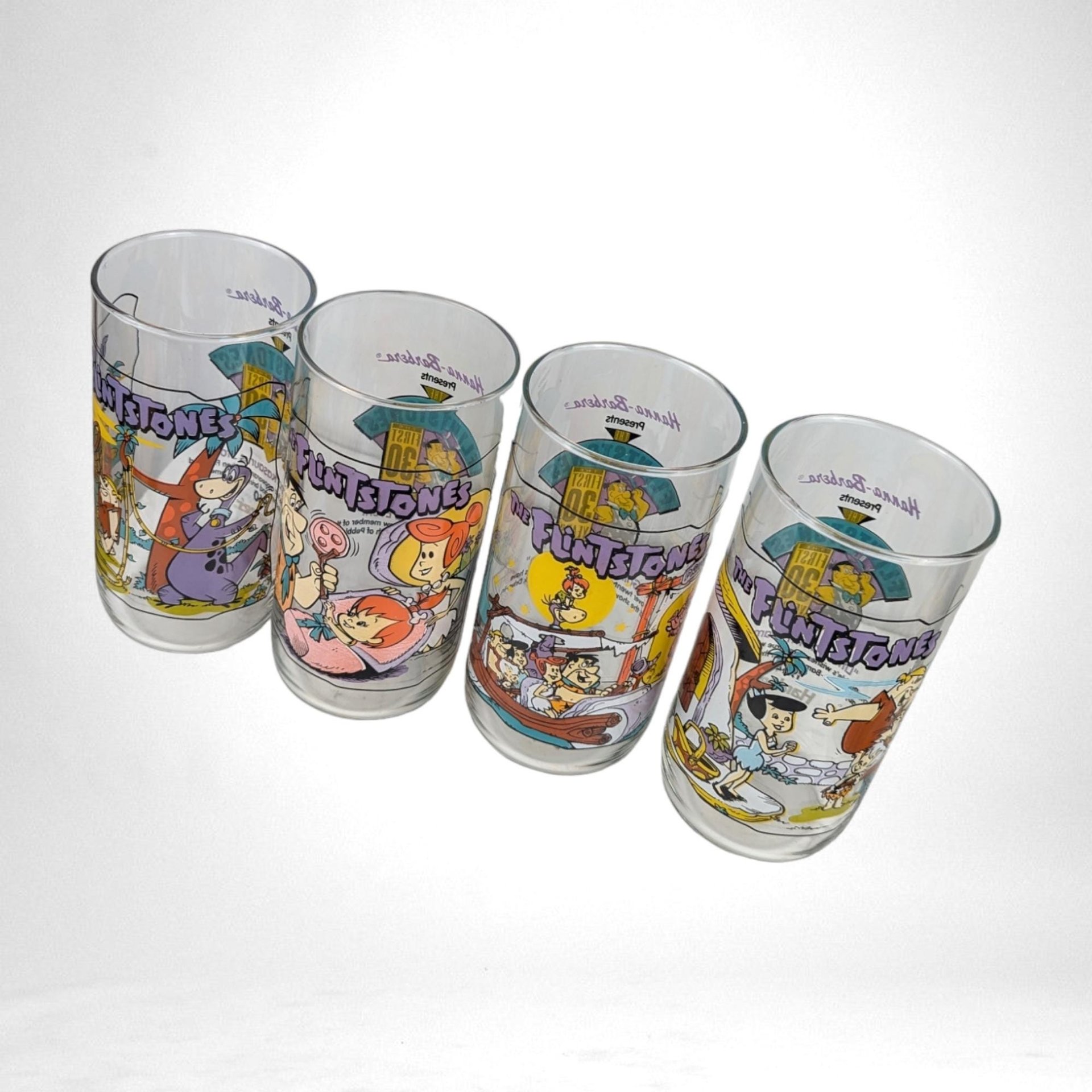 Flintstones Glasses | Set of 4 |  Hardee's 1991 | Fred, Wilma, Barney, Betty