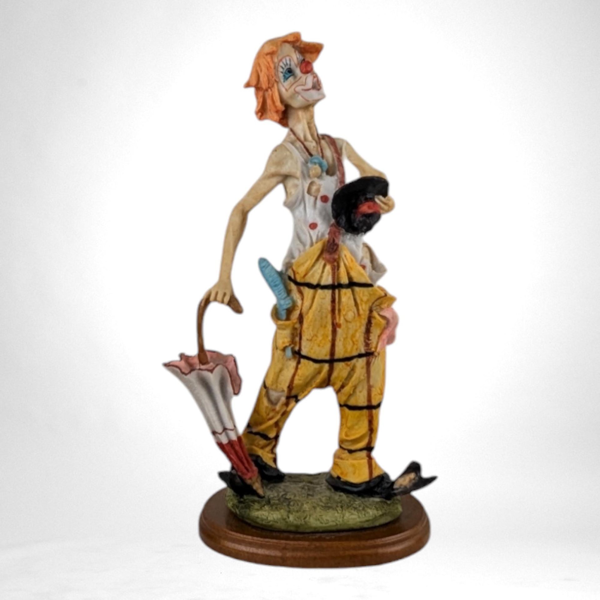 Vintage Resin Clown with Umbrella Figurine (11 3/4”) | Retro Circus Decor | Unique Collectible