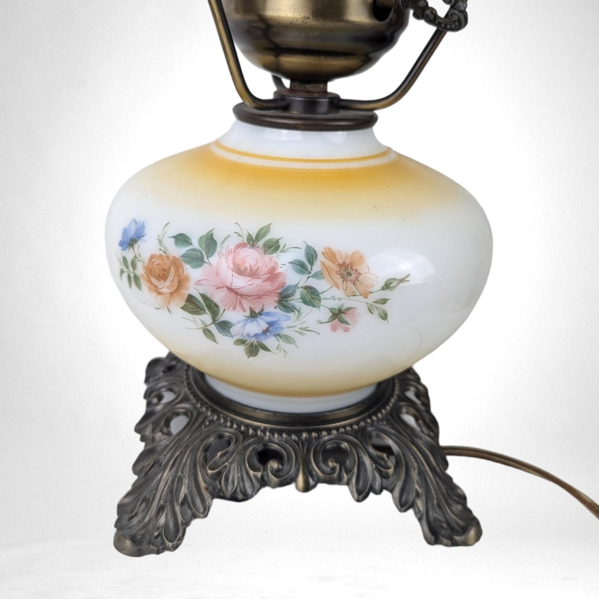 Vintage L&L WMC Floral Hurricane Lamp, 1970s Gone With The Wind Style