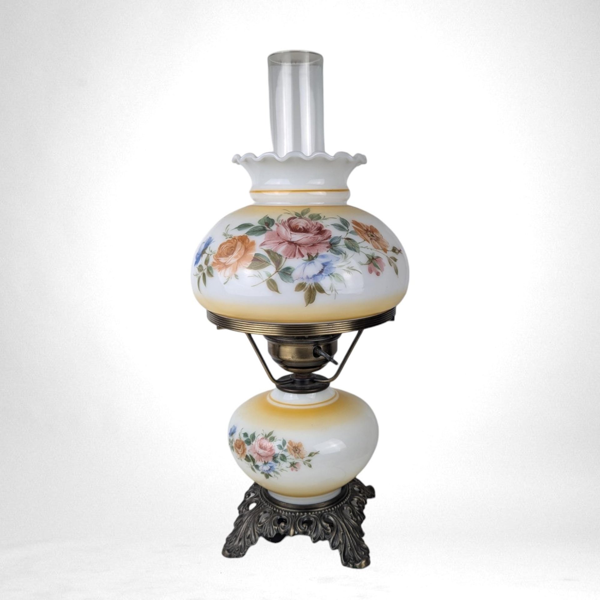 Vintage L&L WMC Floral Hurricane Lamp, 1970s Gone With The Wind Style
