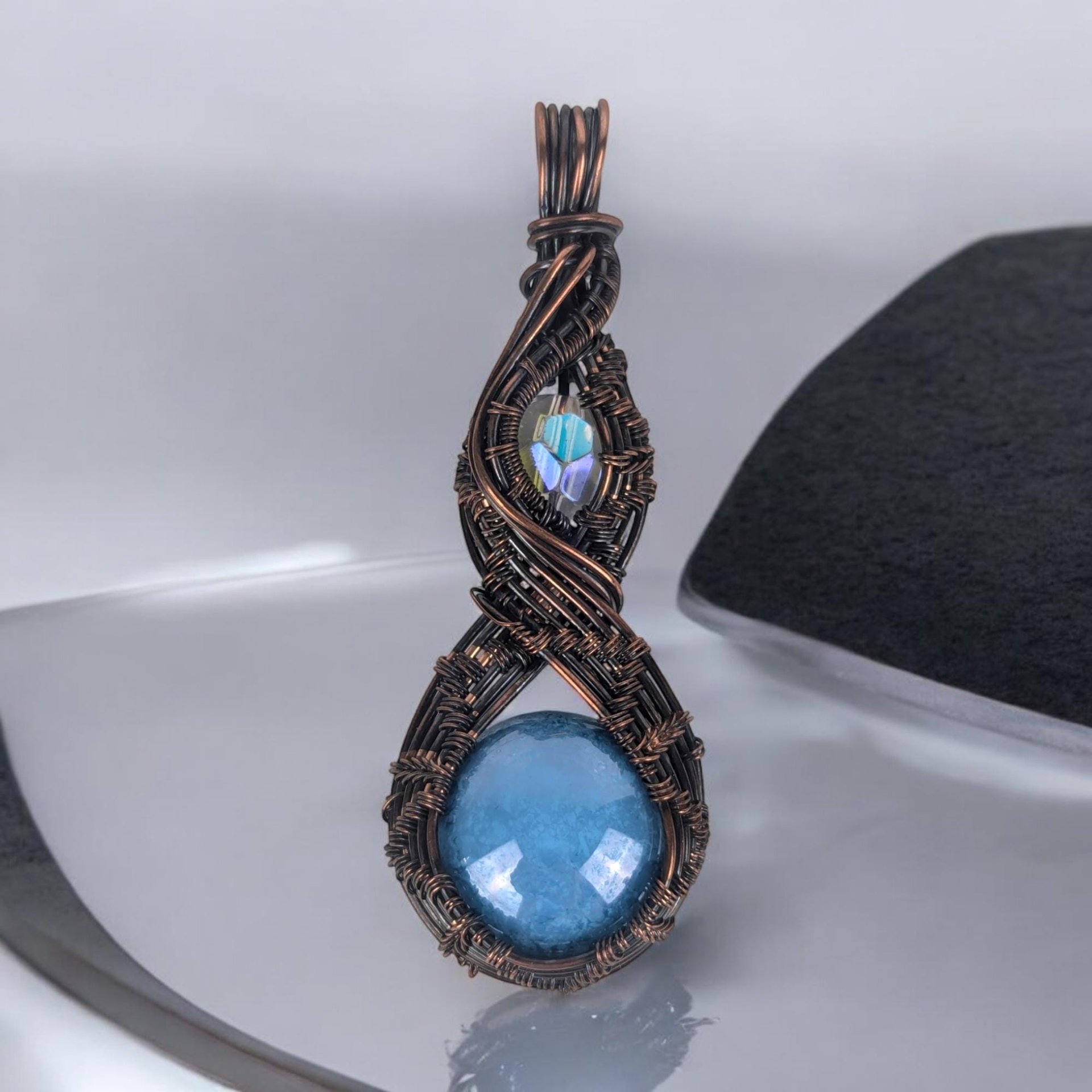 Artisan Copper Wire Wrapped Pendant, Czech Glass Cabochon, Unique Jewelry Gift