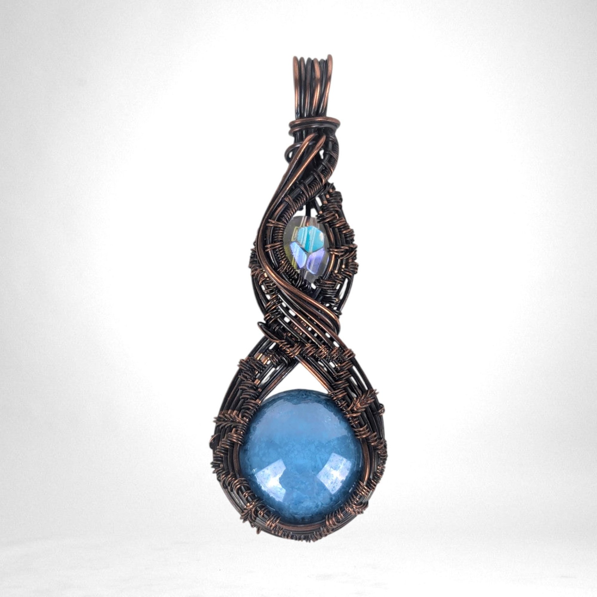 Artisan Copper Wire Wrapped Pendant, Czech Glass Cabochon, Unique Jewelry Gift