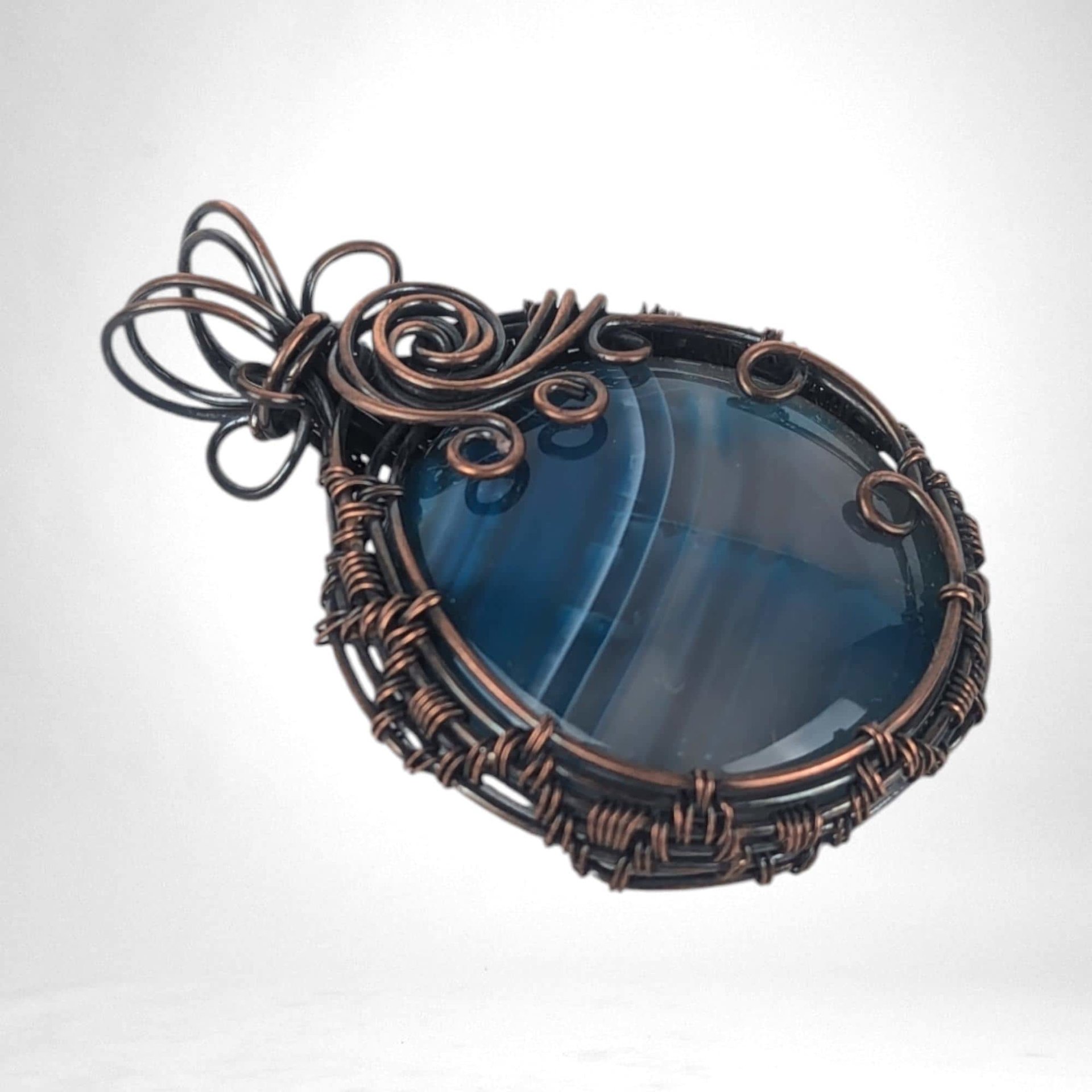 Handmade Copper Wire Wrapped Blue Striped Agate Pendant | Unique Gift | Rustic Elegance | Natural Beauty | Bohemian Style