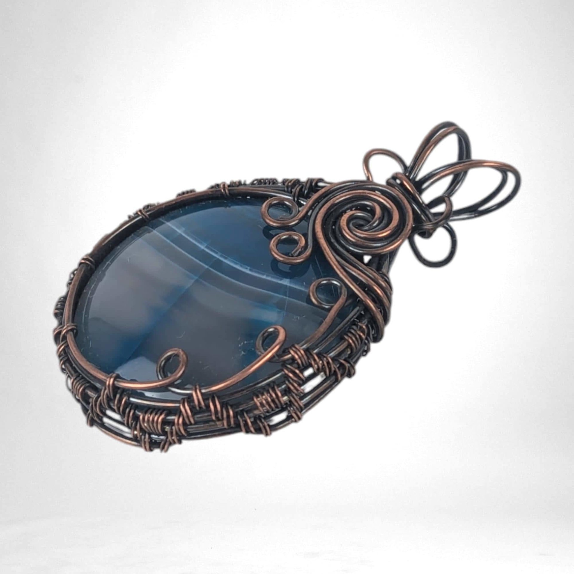 Handmade Copper Wire Wrapped Blue Striped Agate Pendant | Unique Gift | Rustic Elegance | Natural Beauty | Bohemian Style