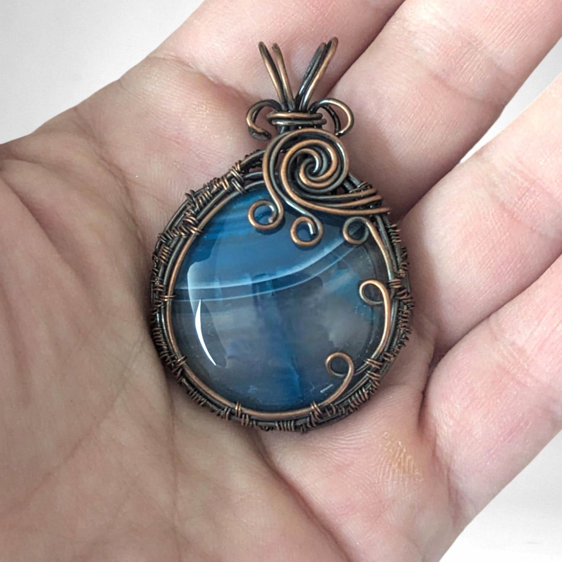Handmade Copper Wire Wrapped Blue Striped Agate Pendant | Unique Gift | Rustic Elegance | Natural Beauty | Bohemian Style