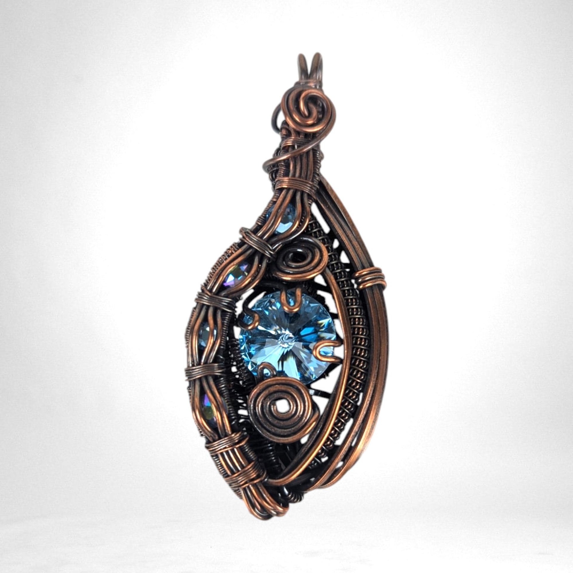 Handmade Copper Wire Wrapped Pendant with Blue Crystal, Blue Rivoli Crystal Jewelry, Artisan Pendant, Statement Pendant, Gift for Her