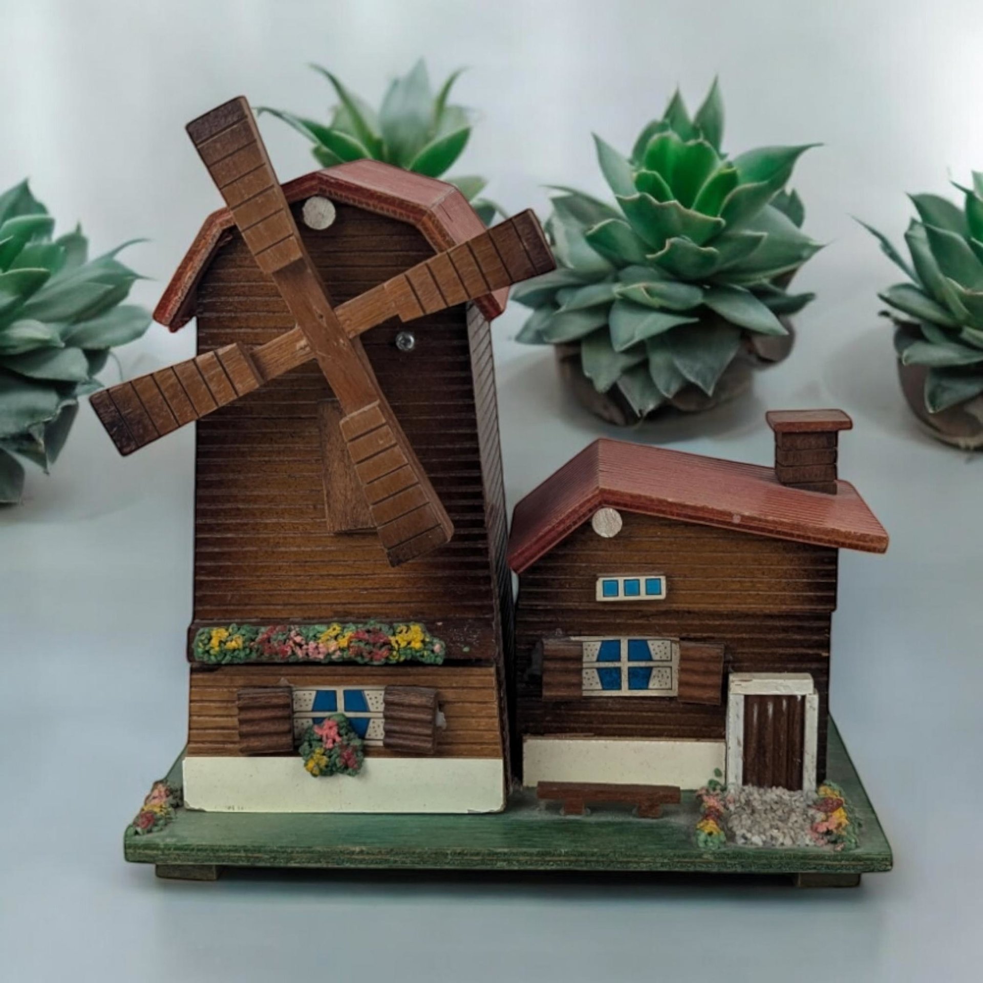 Vintage Wooden Windmill Jewelry Box - Musical, Rotating Windmill, Storage with Charm