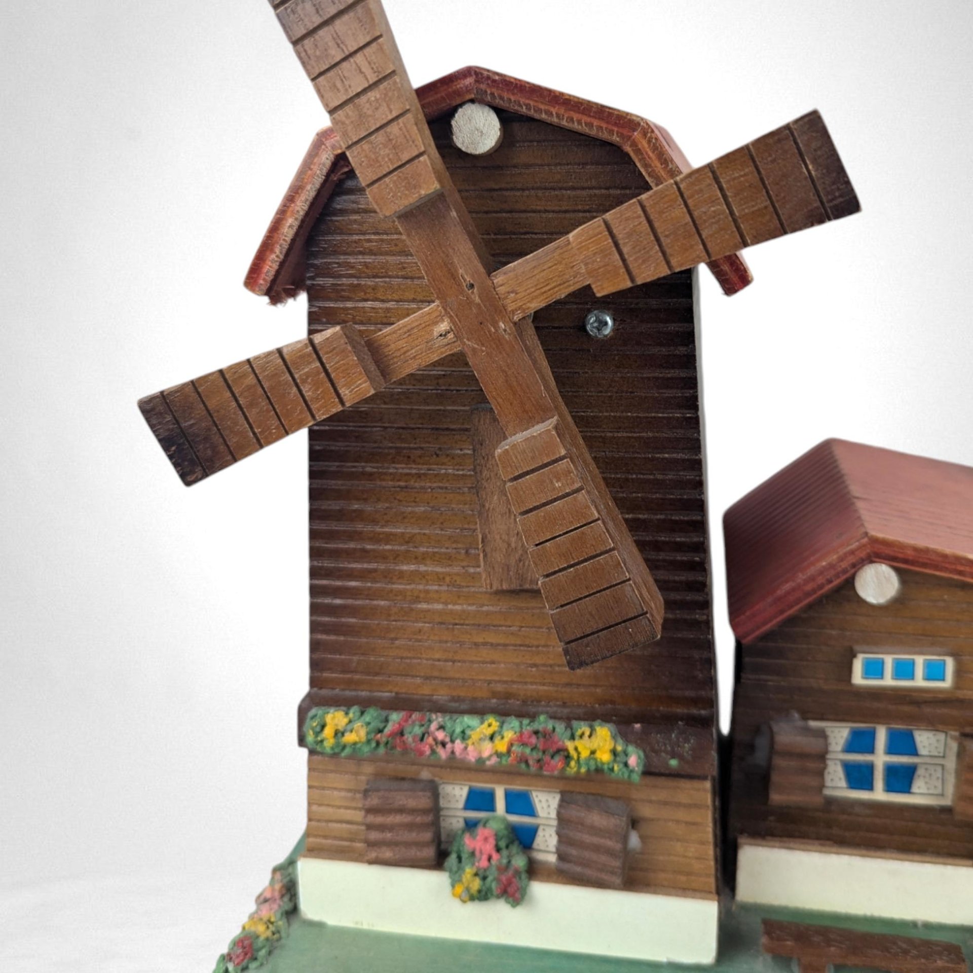Vintage Wooden Windmill Jewelry Box - Musical, Rotating Windmill, Storage with Charm