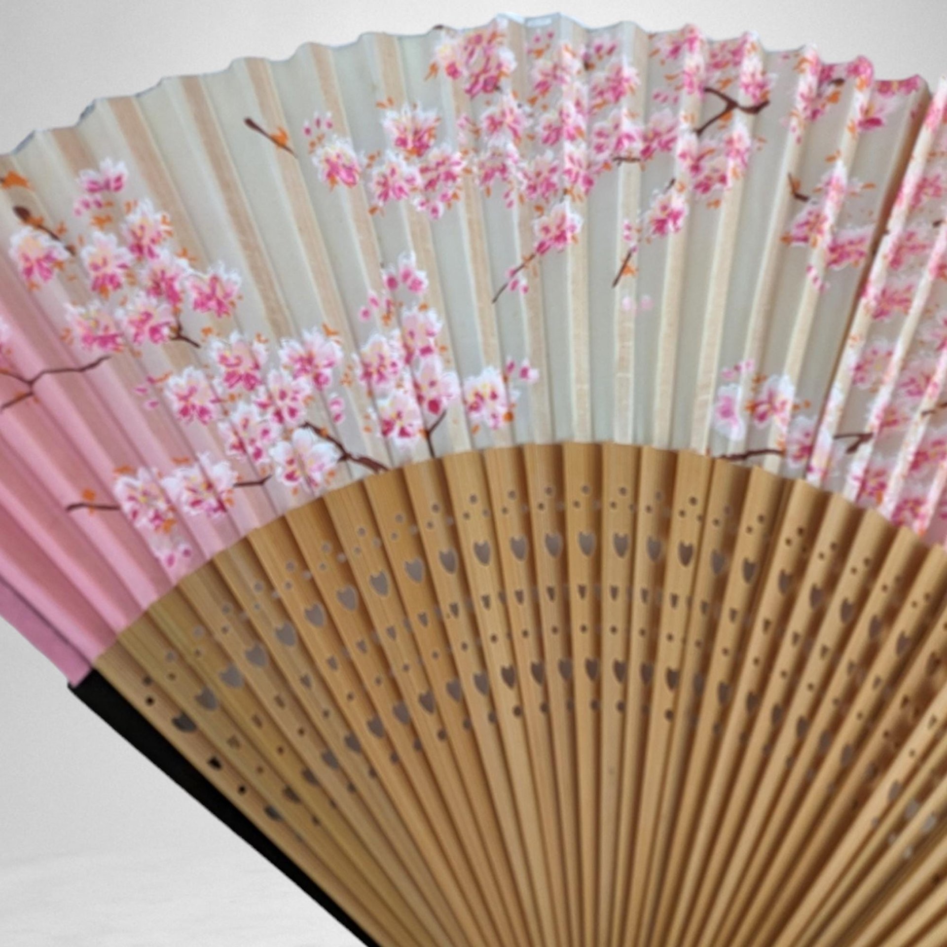 Vintage Wood and Paper Fan with Cherry Blossom Image