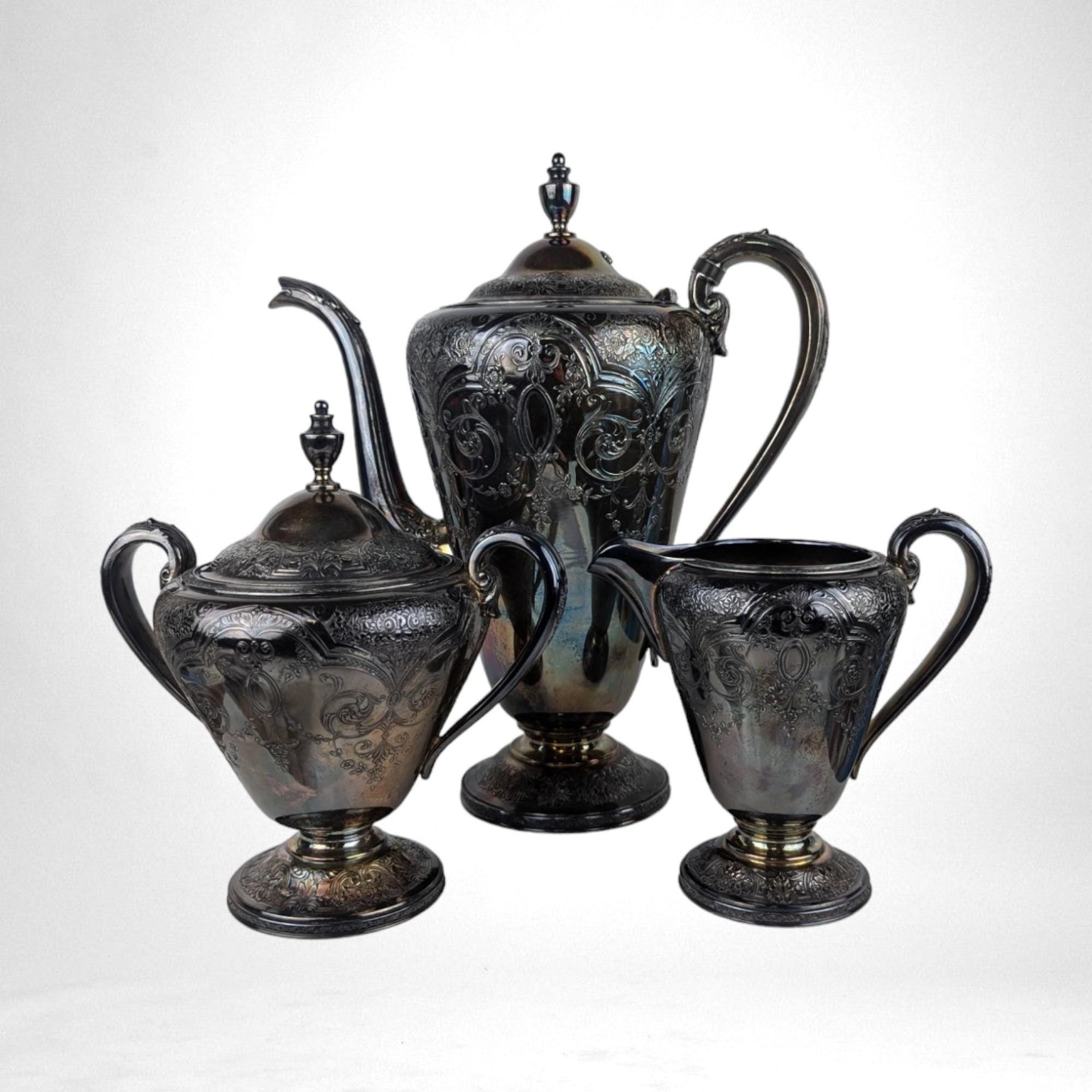 Vintage Wilcox International Silver Plated Coffee Set, Paisley Pattern, 7032, Coffee Pot, Creamer and Sugar