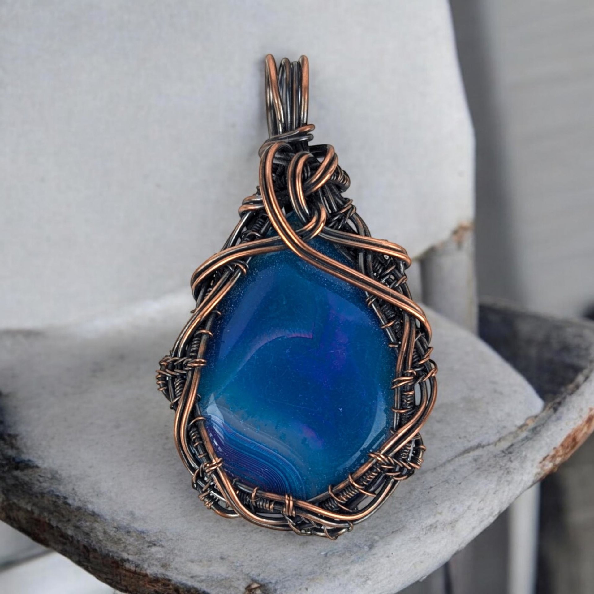 Handmade Copper Wire Wrapped Blue Agate Pendant | Unique Gift for Her | Oxidized Copper | Gemstone Pendant |  Artisan Jewelry