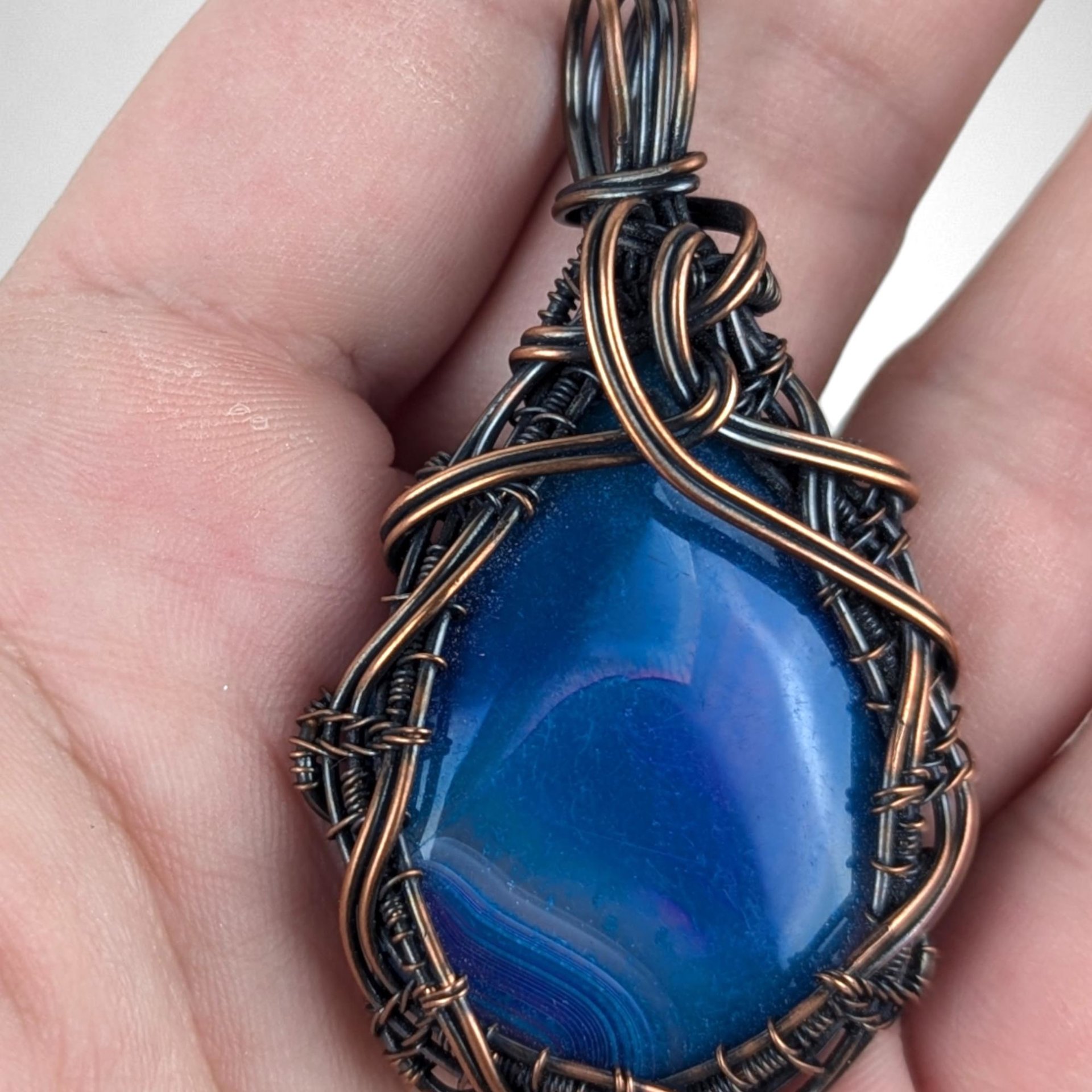 Handmade Copper Wire Wrapped Blue Agate Pendant | Unique Gift for Her | Oxidized Copper | Gemstone Pendant |  Artisan Jewelry