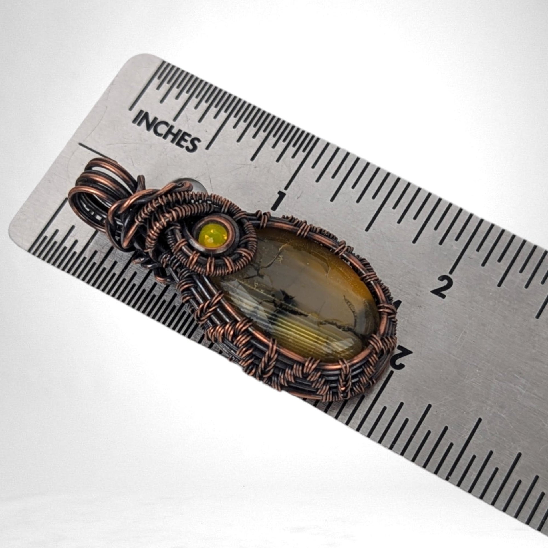 Handmade Copper Wire Wrapped Dragon Vein Agate Pendant | Yellow Accent | Unique Gift | Oxidized Copper | Gemstone Pendant