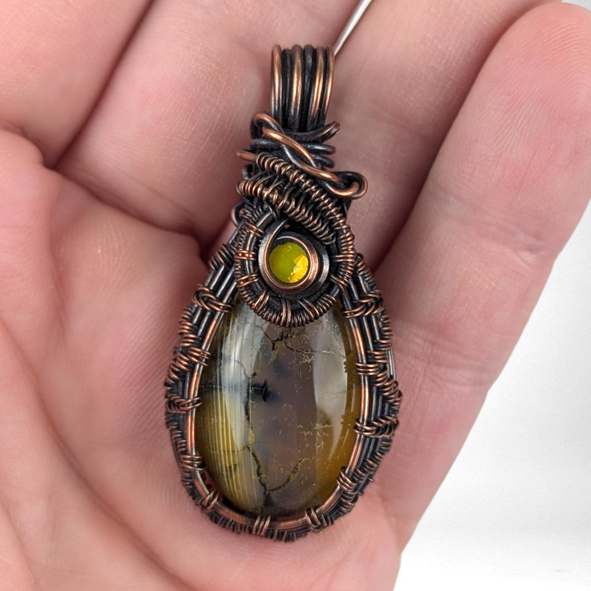 Handmade Copper Wire Wrapped Dragon Vein Agate Pendant | Yellow Accent | Unique Gift | Oxidized Copper | Gemstone Pendant