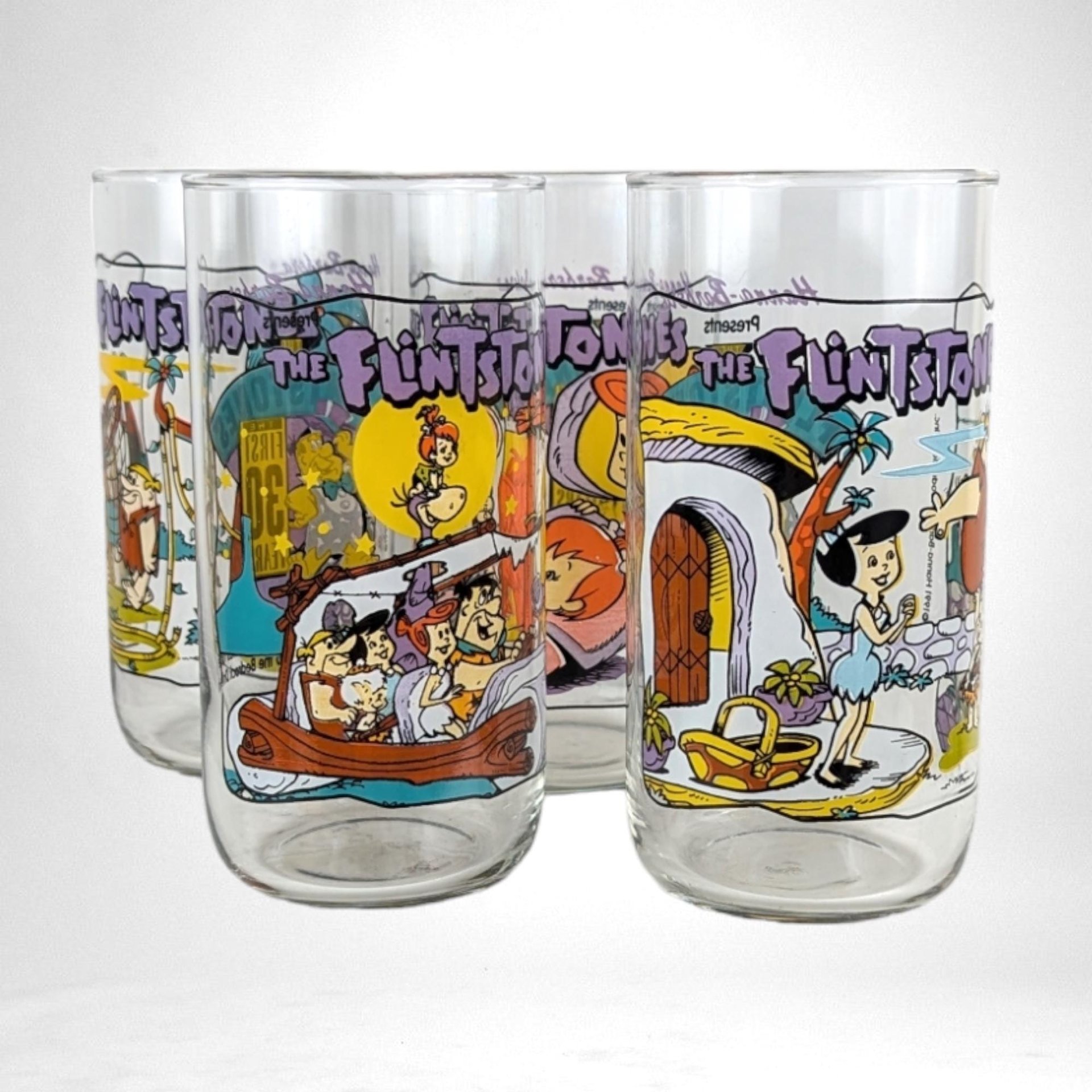 Flintstones Glasses | Set of 4 |  Hardee's 1991 | Fred, Wilma, Barney, Betty